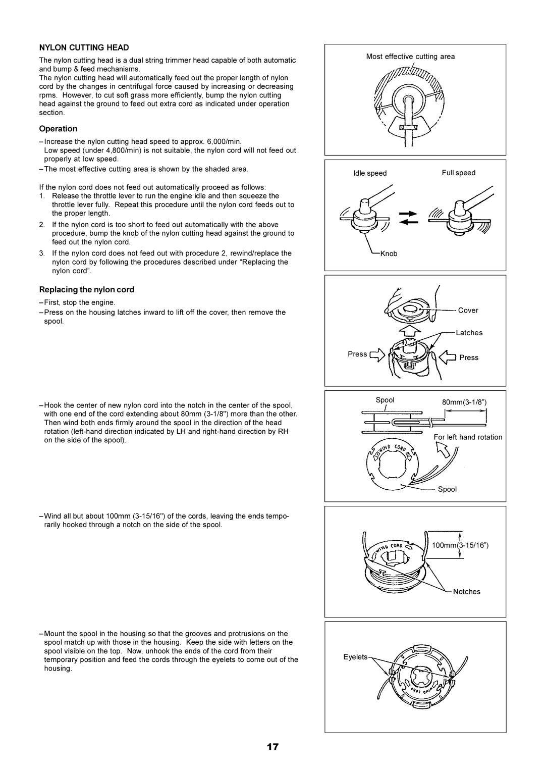 Makita EM4250CA, EM4251CA manual Nylon Cutting Head, Operation, Replacing the nylon cord 