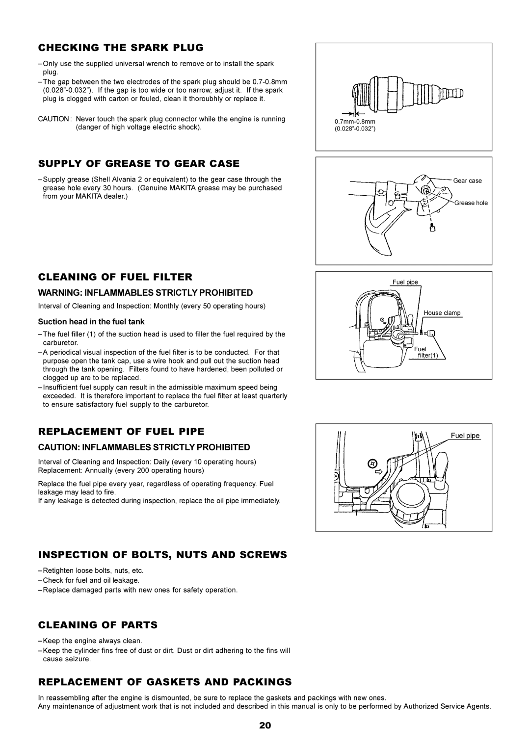 Makita EM4251CA Checking the Spark Plug, Supply of Grease to Gear Case, Cleaning of Fuel Filter, Replacement of Fuel Pipe 