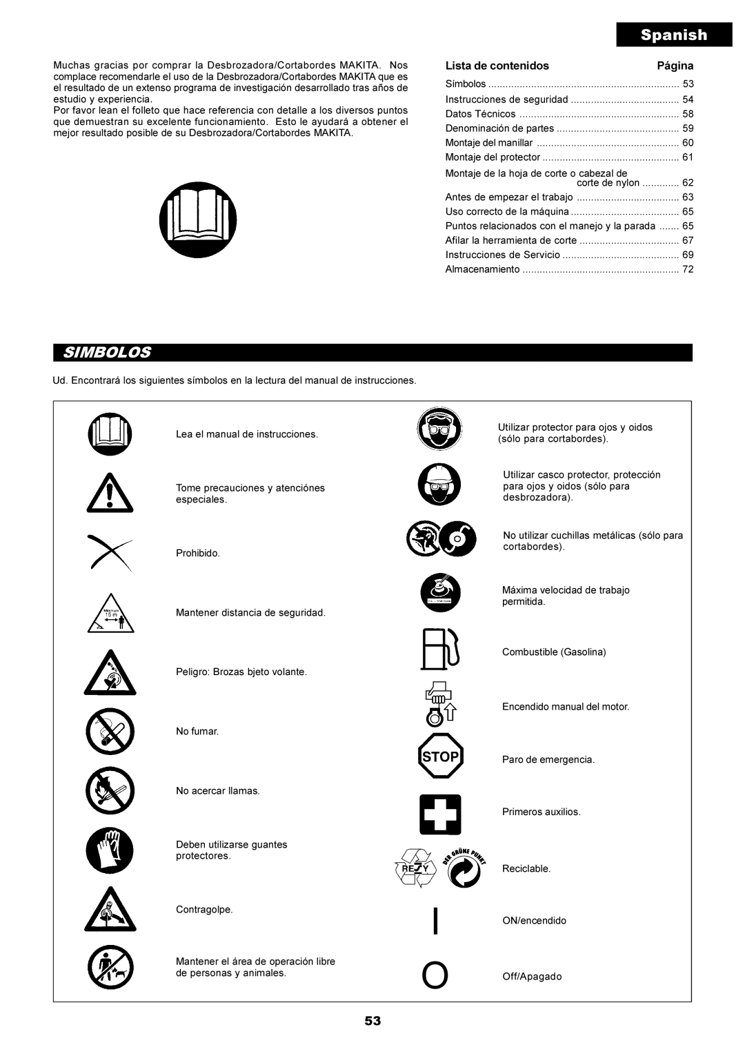 Makita EM4250CA, EM4251CA manual Simbolos, Lista de contenidos Página 