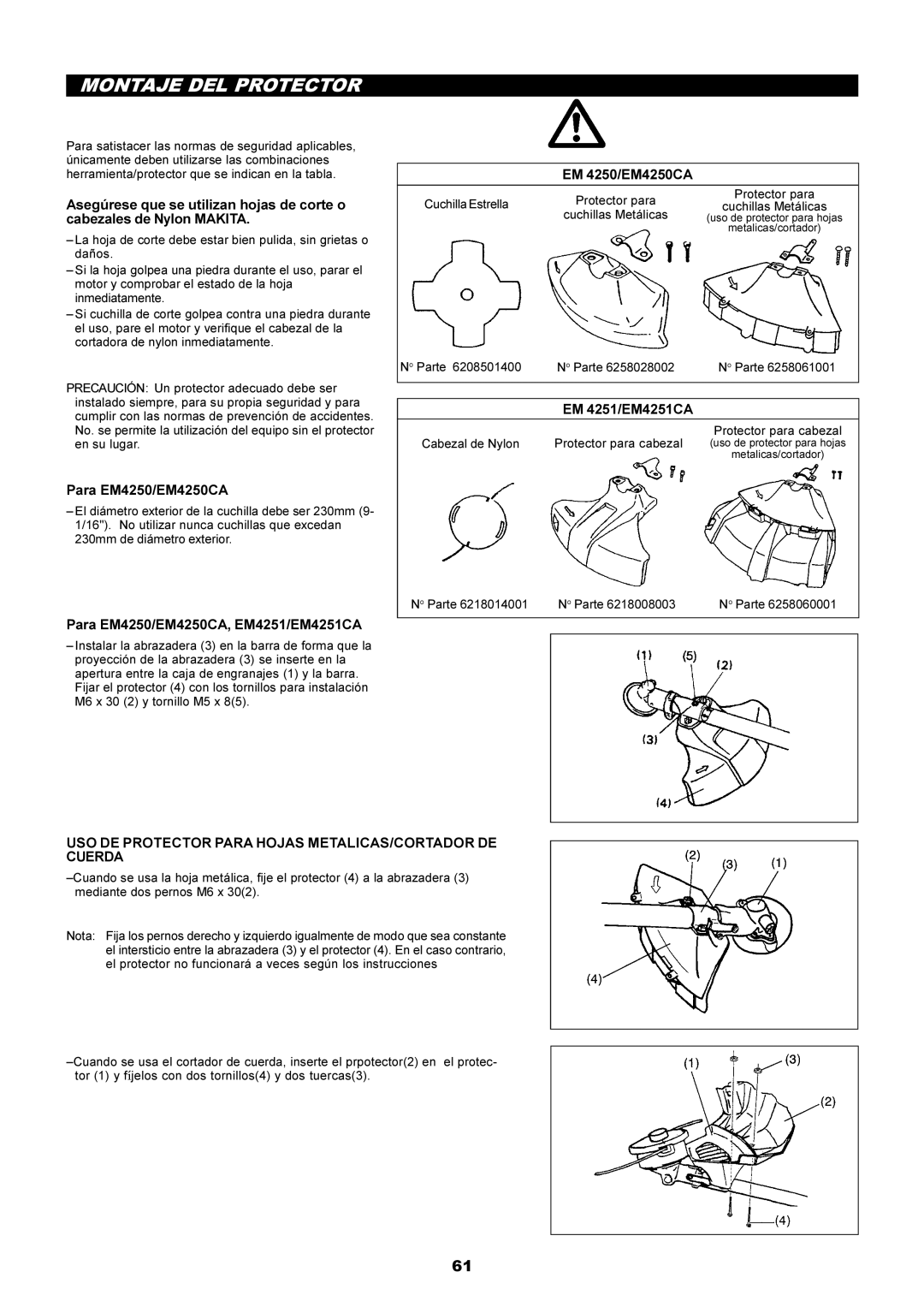 Makita EM4250CA, EM4251CA manual Montaje DEL Protector, USO DE Protector Para Hojas METALICAS/CORTADOR DE Cuerda 