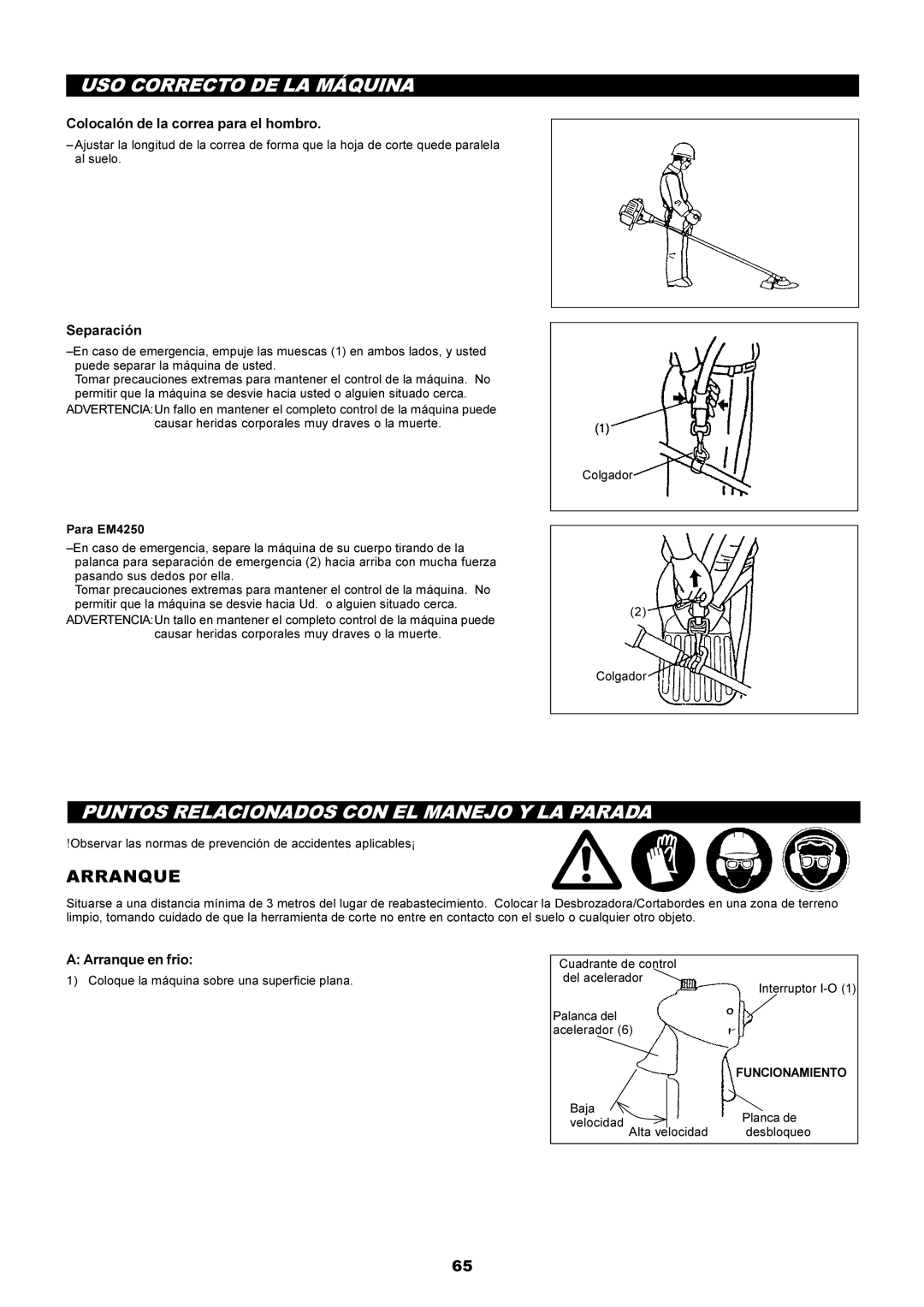 Makita EM4250CA, EM4251CA manual USO Correcto DE LA Máquina, Puntos Relacionados CON EL Manejo Y LA Parada, Arranque 