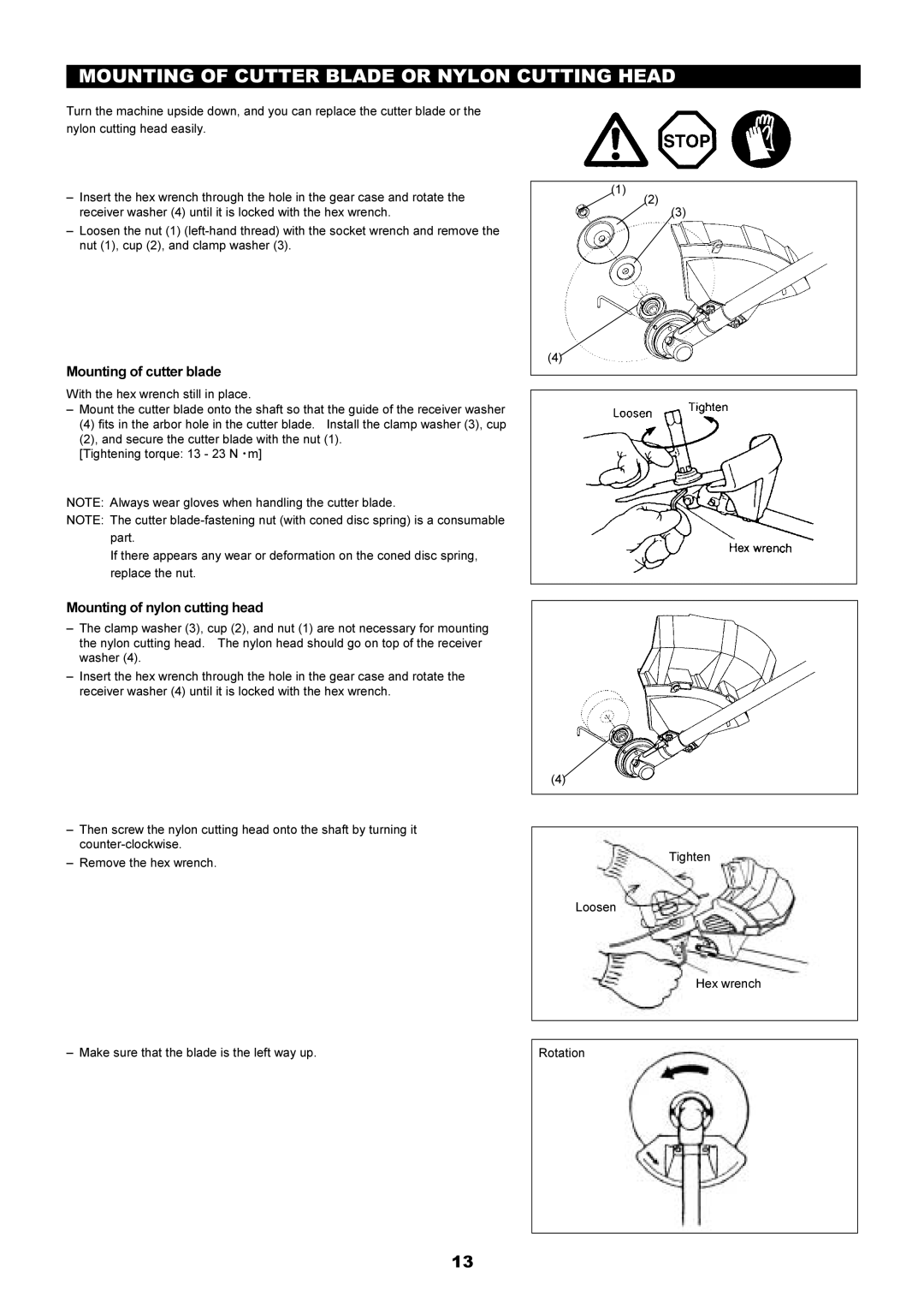 Makita EM4340 Mounting of Cutter Blade or Nylon Cutting Head, Mounting of cutter blade, Mounting of nylon cutting head 