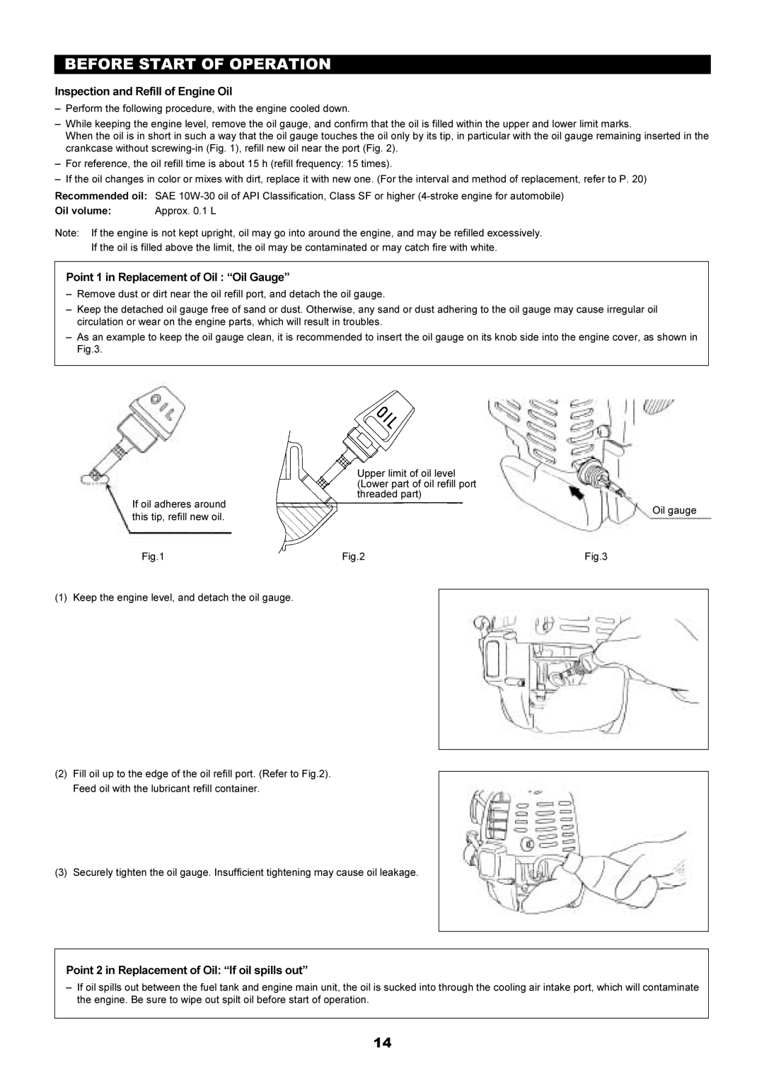 Makita EM4341 Before Start of Operation, Inspection and Refill of Engine Oil, Point 1 in Replacement of Oil Oil Gauge 