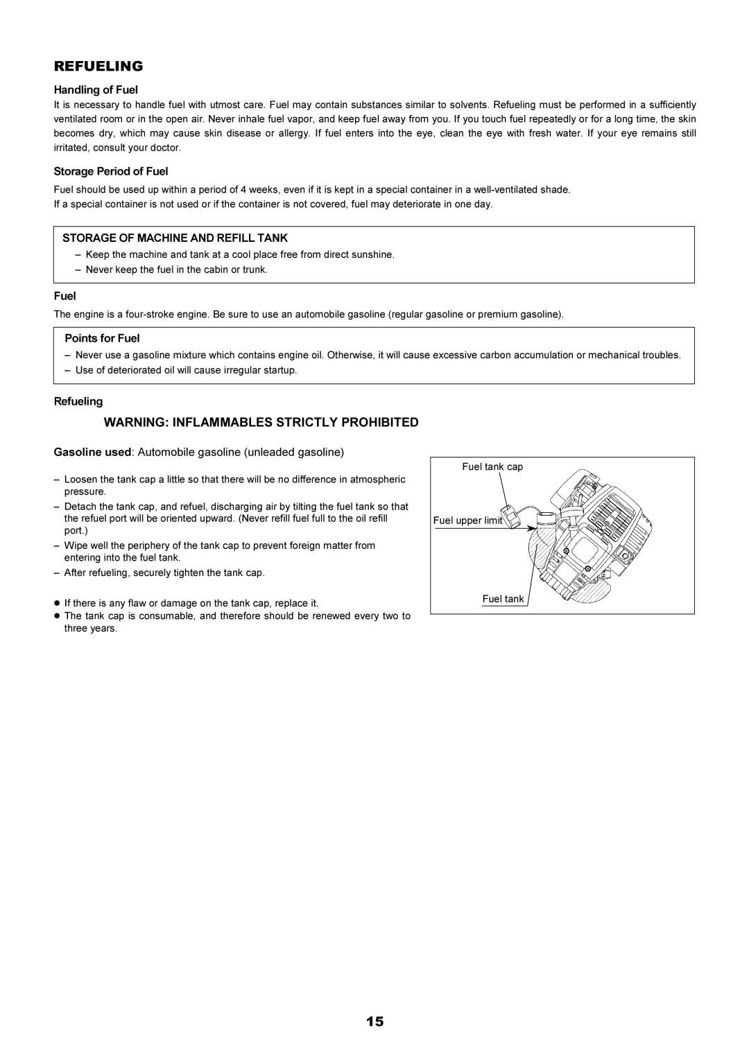 Makita EM4340L, EM4341 instruction manual Refueling, Handling of Fuel, Storage Period of Fuel, Points for Fuel 