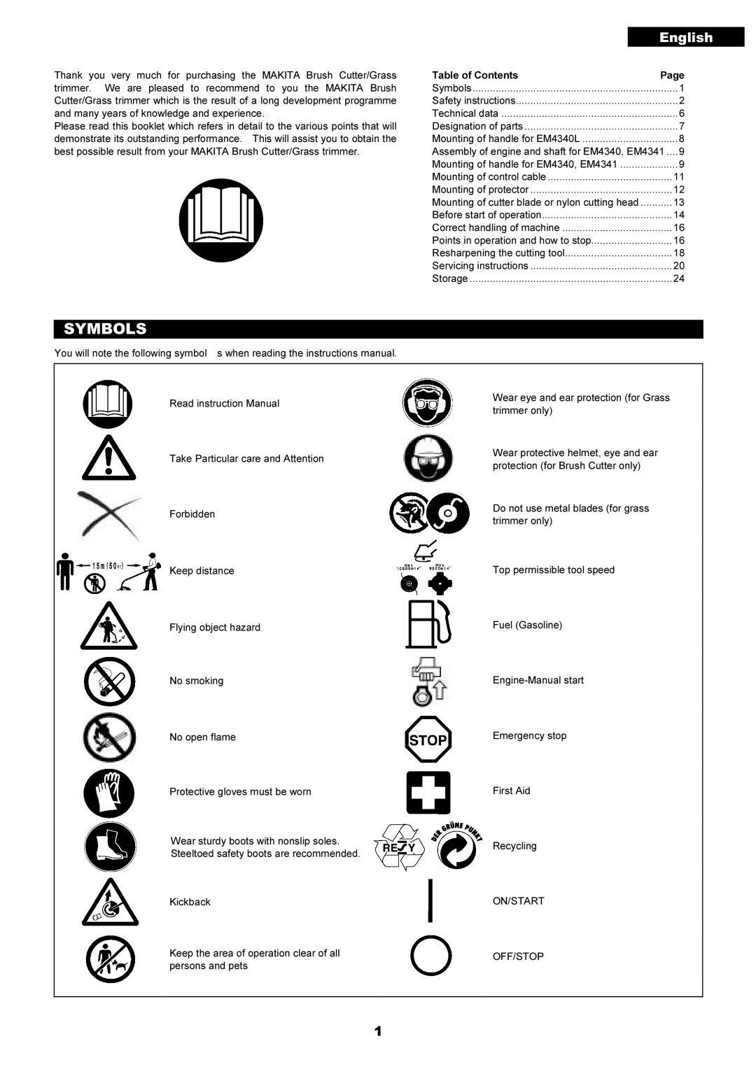 Makita EM4341, EM4340L instruction manual Symbols, On/Start, Off/Stop 