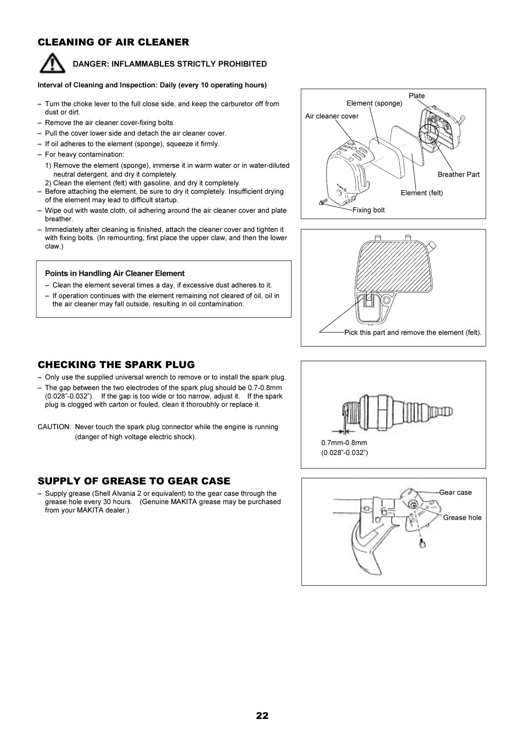 Makita EM4341, EM4340L instruction manual Cleaning of AIR Cleaner, Checking the Spark Plug, Supply of Grease to Gear Case 