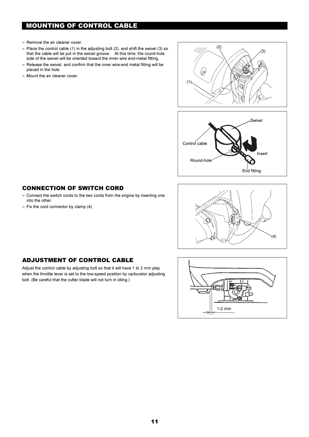 Makita EM4341, EM4340L instruction manual Mounting Of Control Cable, Connection Of Switch Cord, Adjustment Of Control Cable 