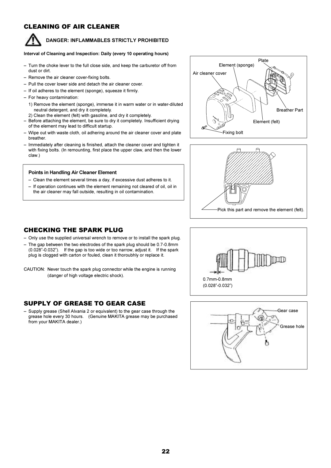 Makita EM4341, EM4340L instruction manual Cleaning Of Air Cleaner, Checking The Spark Plug, Supply Of Grease To Gear Case 