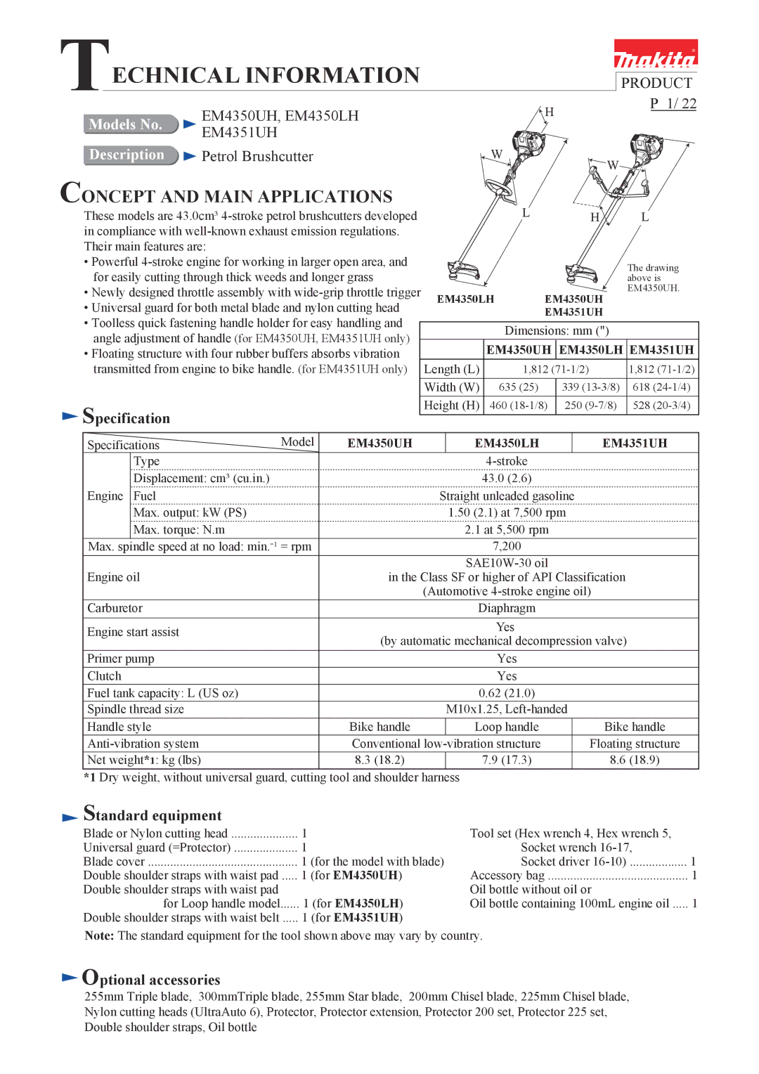 Makita specifications Specification, Standard equipment, Optional accessories, EM4350UH EM4350LH EM4351UH 