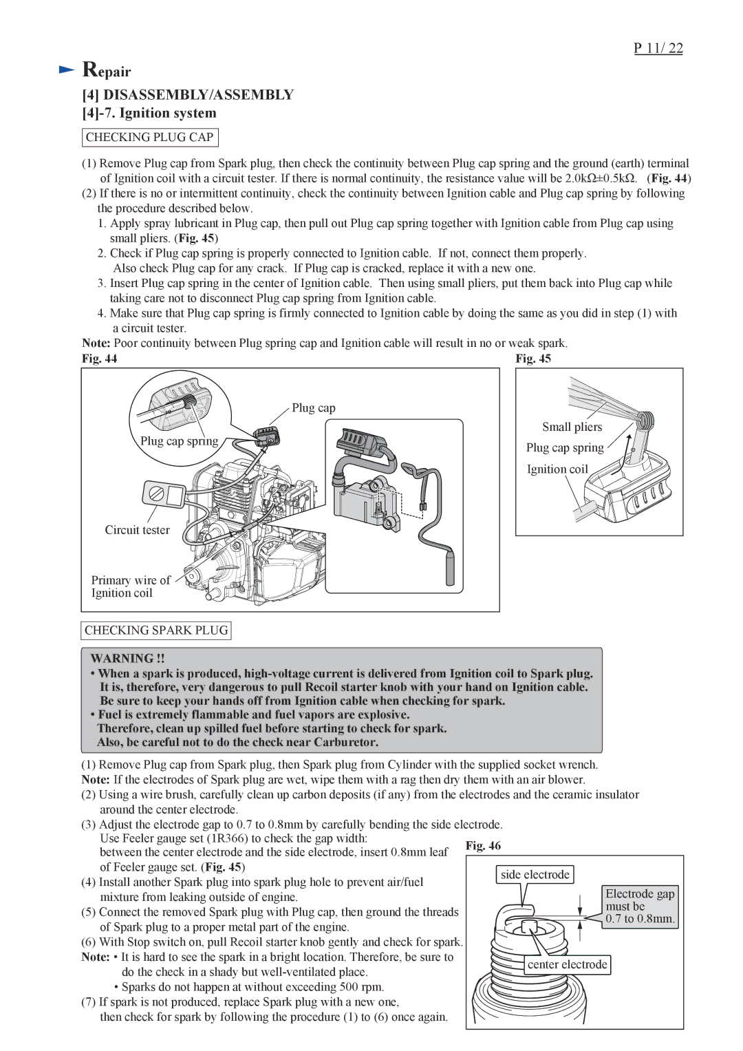 Makita EM4350LH, EM4350UH, EM4351UH specifications Ignition system, Checking Plug CAP, Checking Spark Plug 