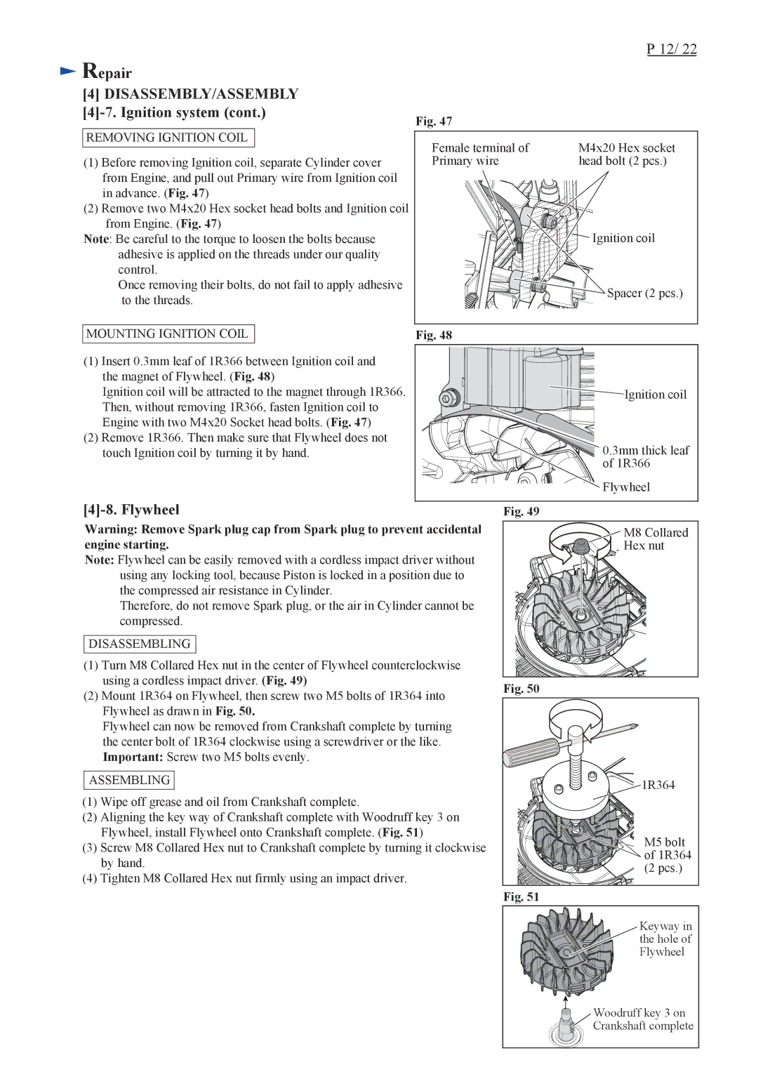 Makita EM4350UH, EM4351UH, EM4350LH specifications Flywheel, Removing Ignition Coil, Mounting Ignition Coil 