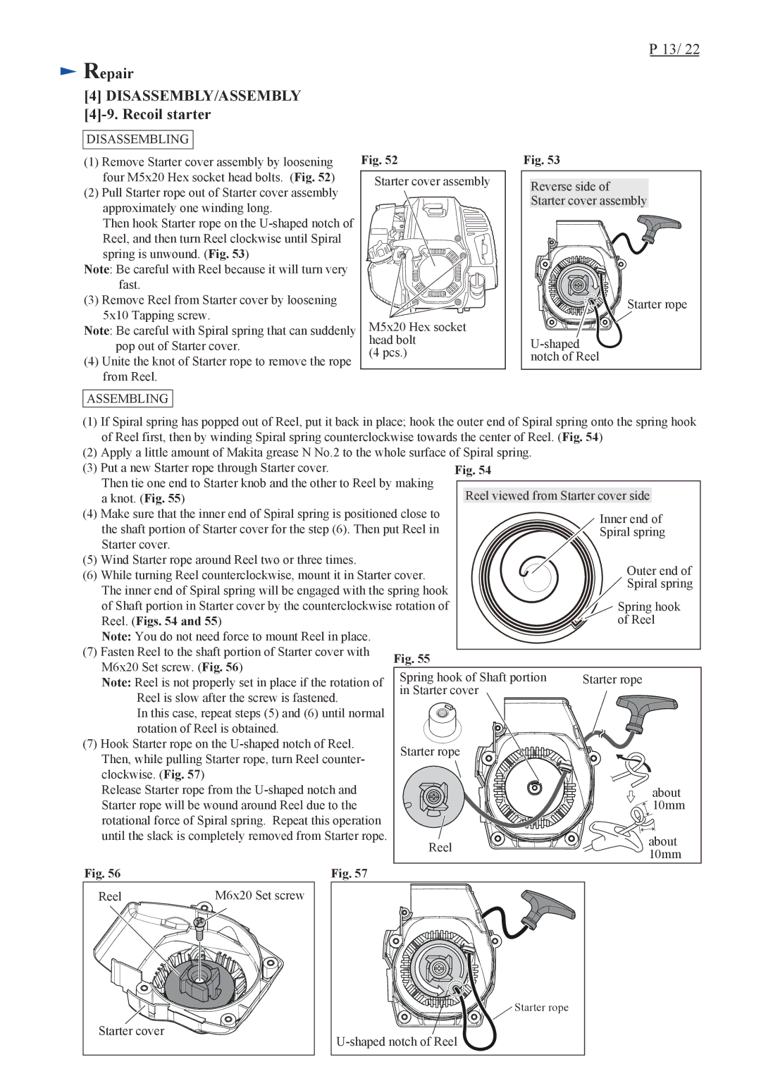 Makita EM4351UH, EM4350UH, EM4350LH specifications Repair DISASSEMBLY/ASSEMBLY 4-9. Recoil starter, Reel. Figs 