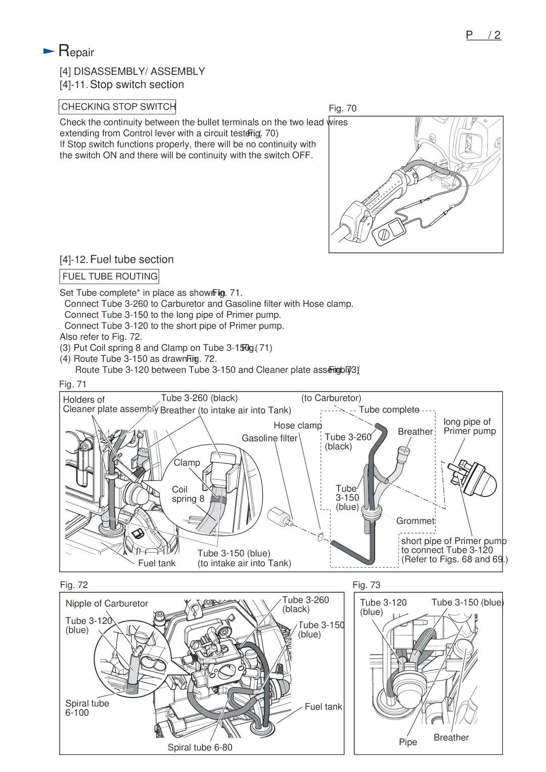 Makita EM4351UH, EM4350UH Stop switch section, Fuel tube section, Checking Stop Switch, Fuel Tube Routing, Refer to Figs 