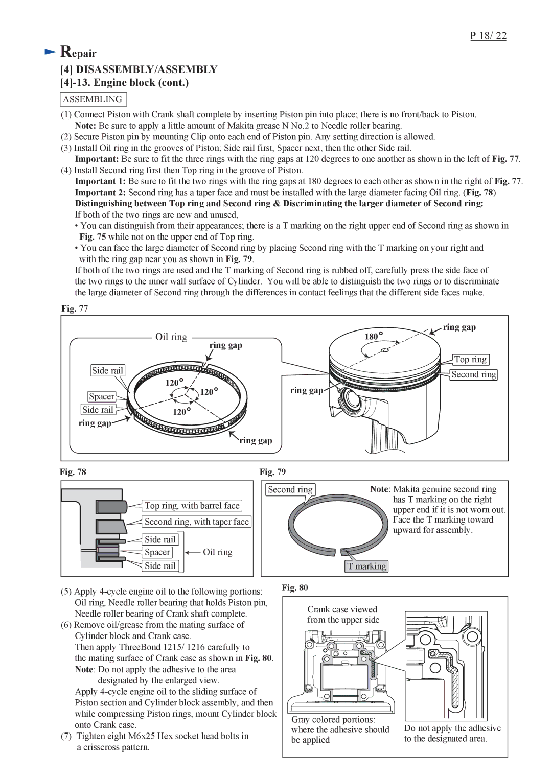 Makita EM4350UH, EM4351UH, EM4350LH specifications Side rail Top ring Second ring Spacer Ring gap 