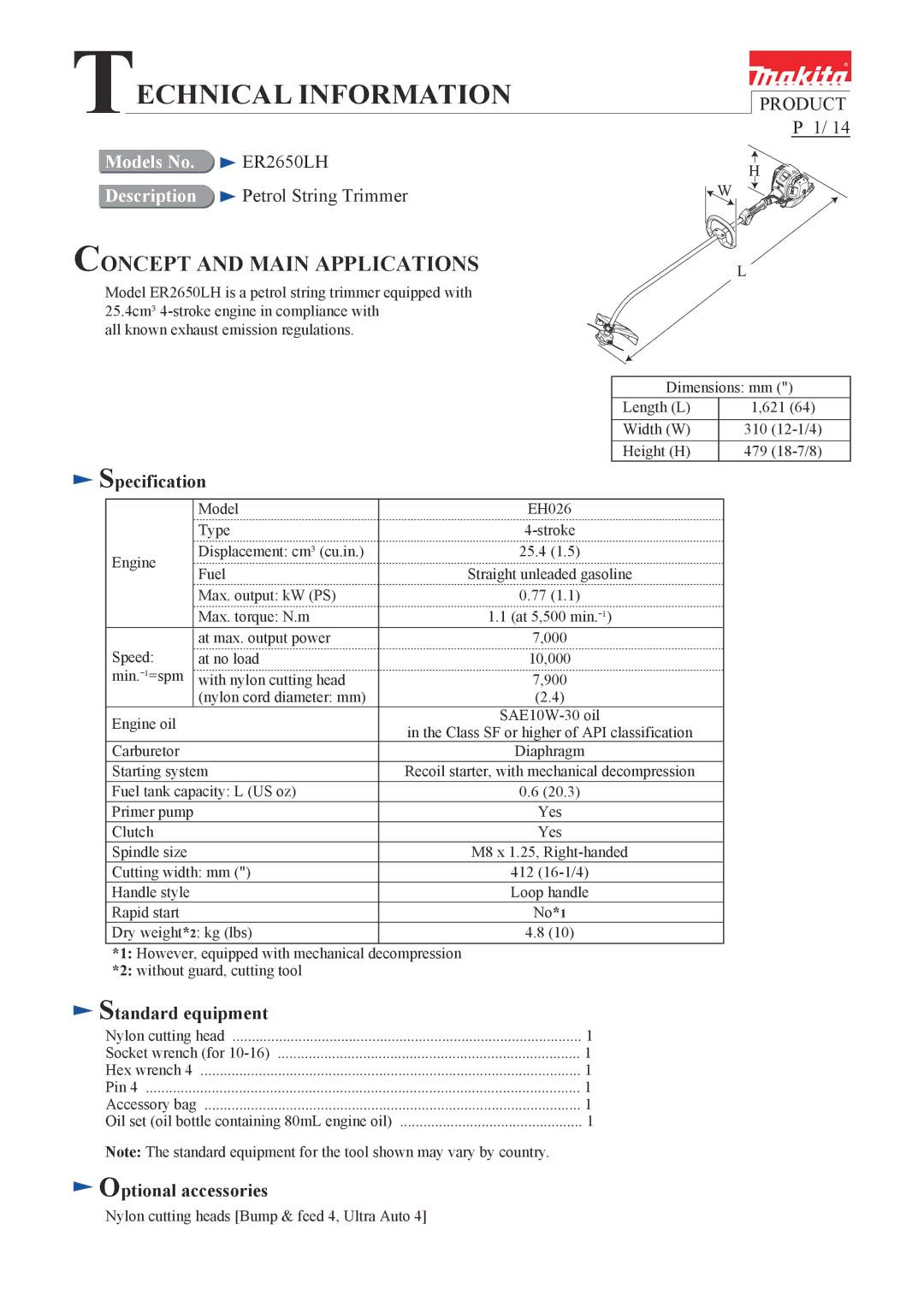 Makita ER2650LH dimensions Specification, Standard equipment, Optional accessories 