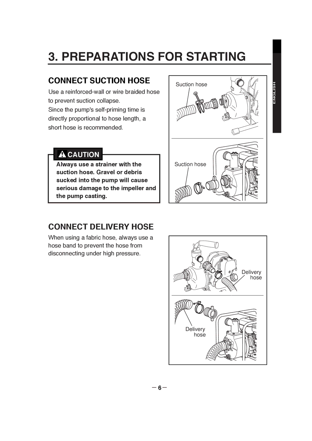 Makita EW120R, EW320TR, EW220R manuel dutilisation Preparations for Starting, Connect Suction Hose, Connect Delivery Hose 