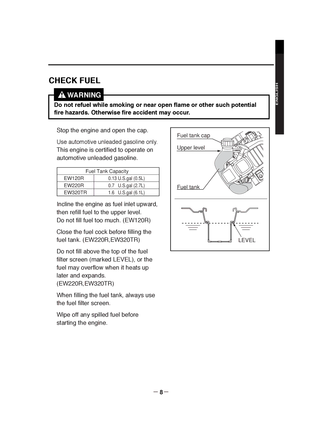 Makita EW220R, EW320TR, EW120R manuel dutilisation Check Fuel 