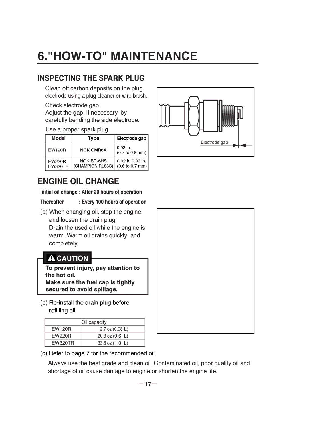 Makita EW220R, EW320TR, EW120R manuel dutilisation HOW-TO Maintenance, Inspecting the Spark Plug, Engine OIL Change 