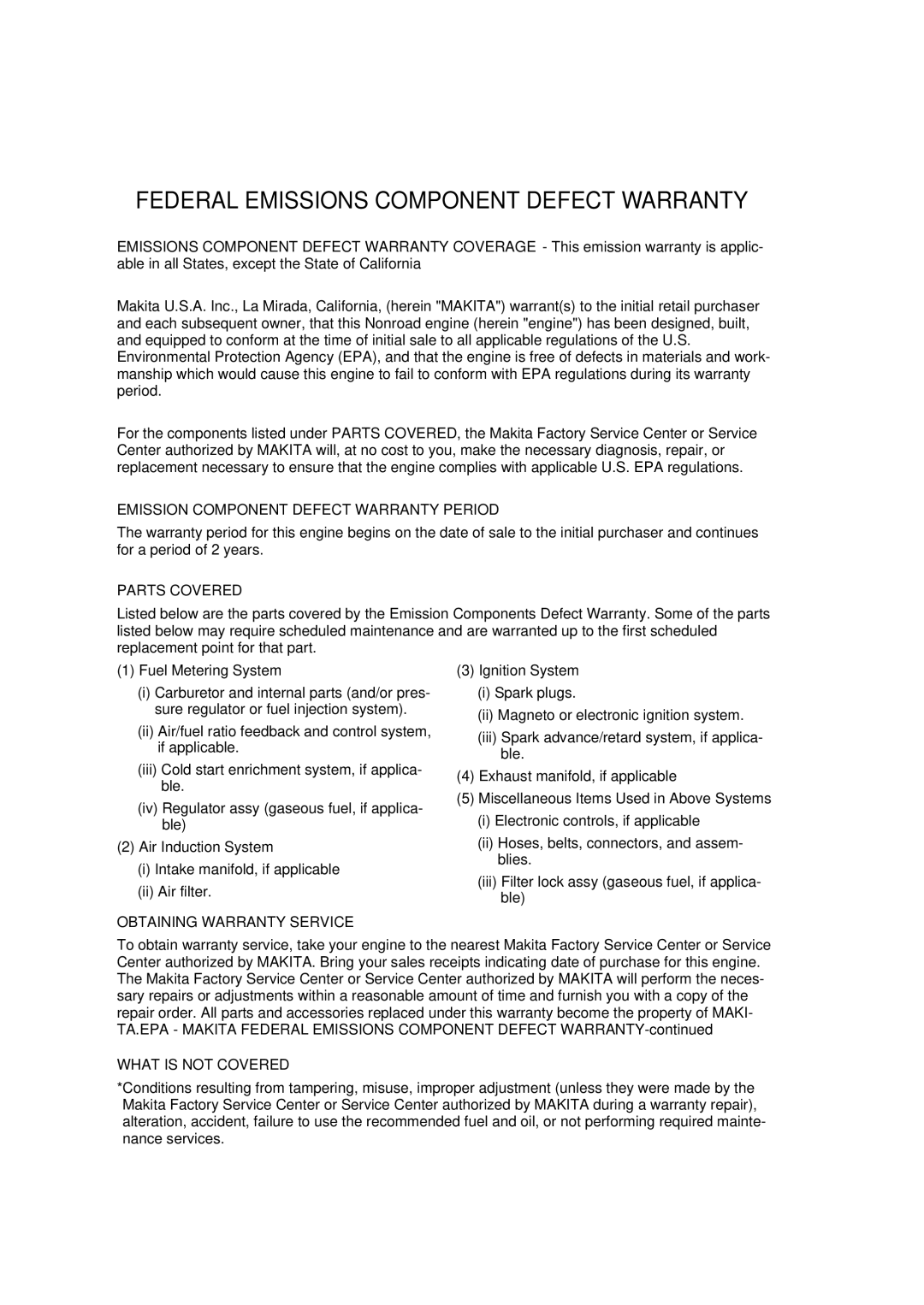 Makita EW320TR Federal Emissions Component Defect Warranty, Emission Component Defect Warranty Period, Parts Covered 