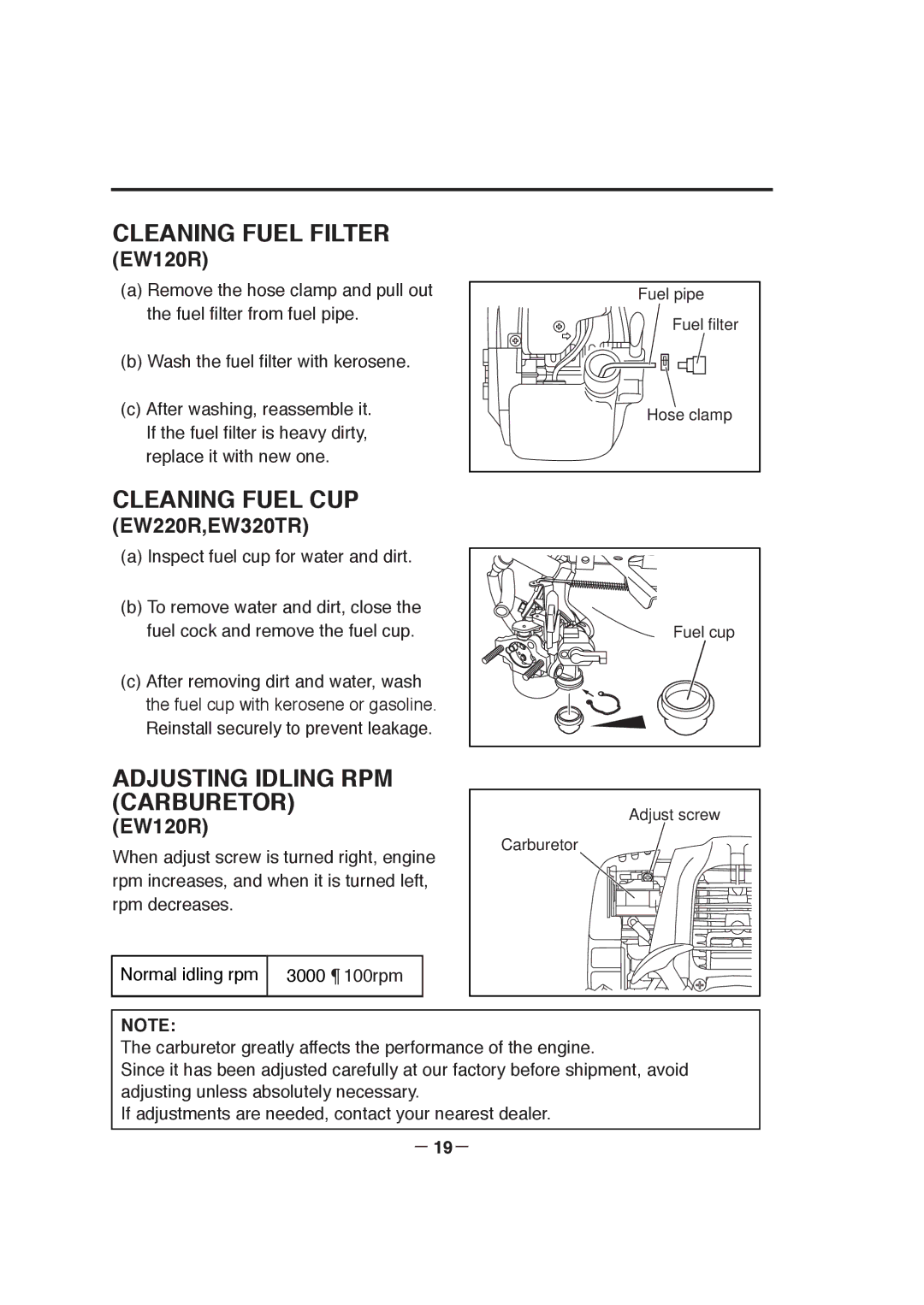 Makita EW320TR, EW220R, EW120R manuel dutilisation Cleaning Fuel Filter, Cleaning Fuel CUP, Adjusting Idling RPM Carburetor 