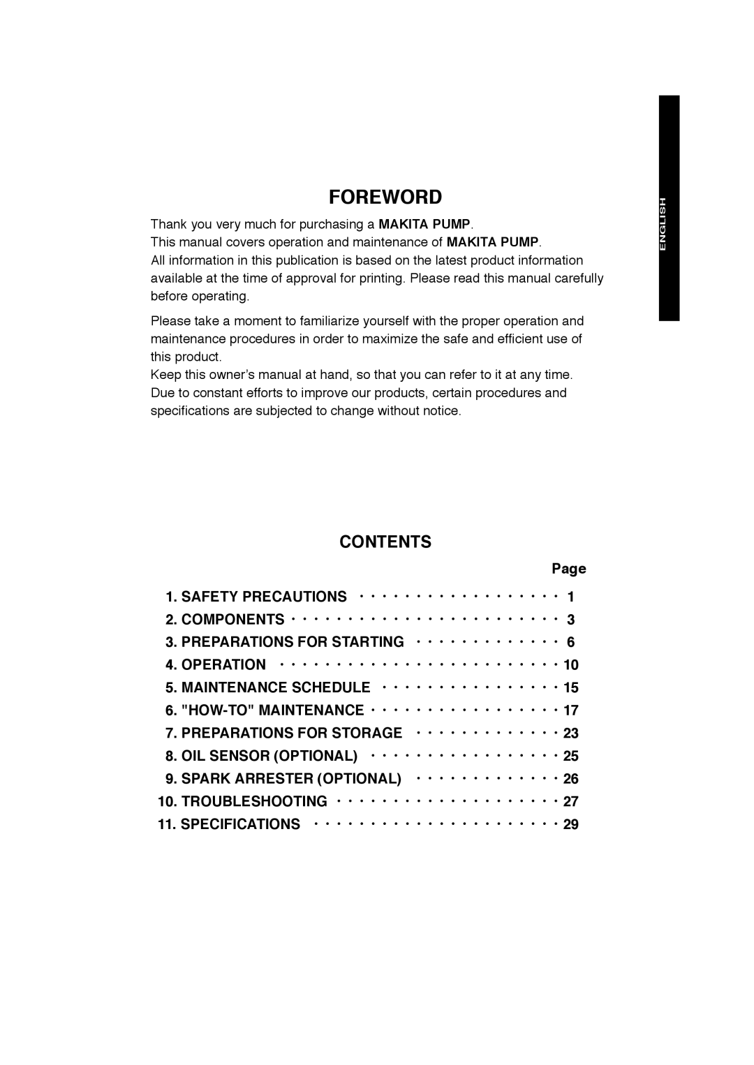 Makita EW120R Foreword, Contents, Page 1.SAFETY PRECAUTIONS ・・・・・・・・・・・・・・・・・・, Components ・・・・・・・・・・・・・・・・・・・・・・・・ 