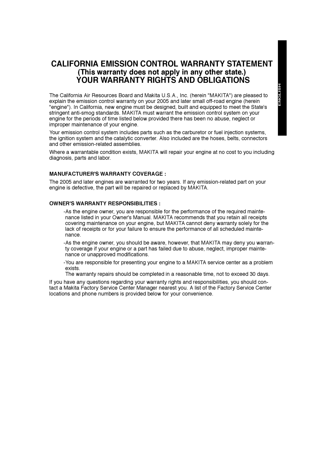 Makita EW320TR, EW220R, EW120R California Emission Control Warranty Statement, Your Warranty Rights And Obligations 