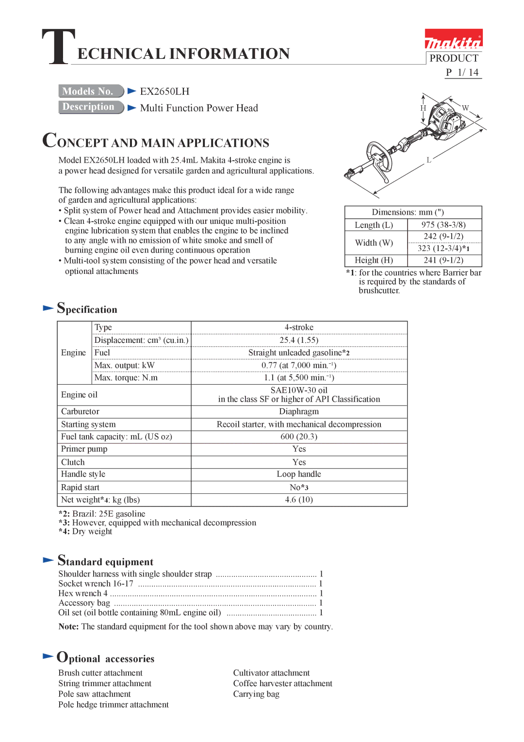 Makita EX2650LH specifications Specification, Standard equipment, Optional accessories 