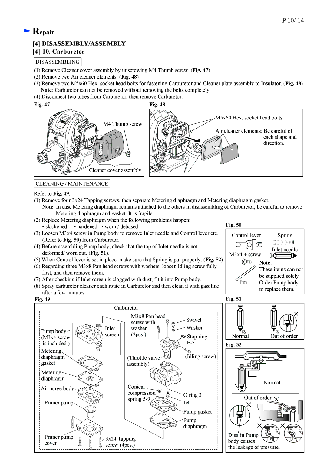 Makita EX2650LH specifications Carburetor, Cleaning / Maintenance 