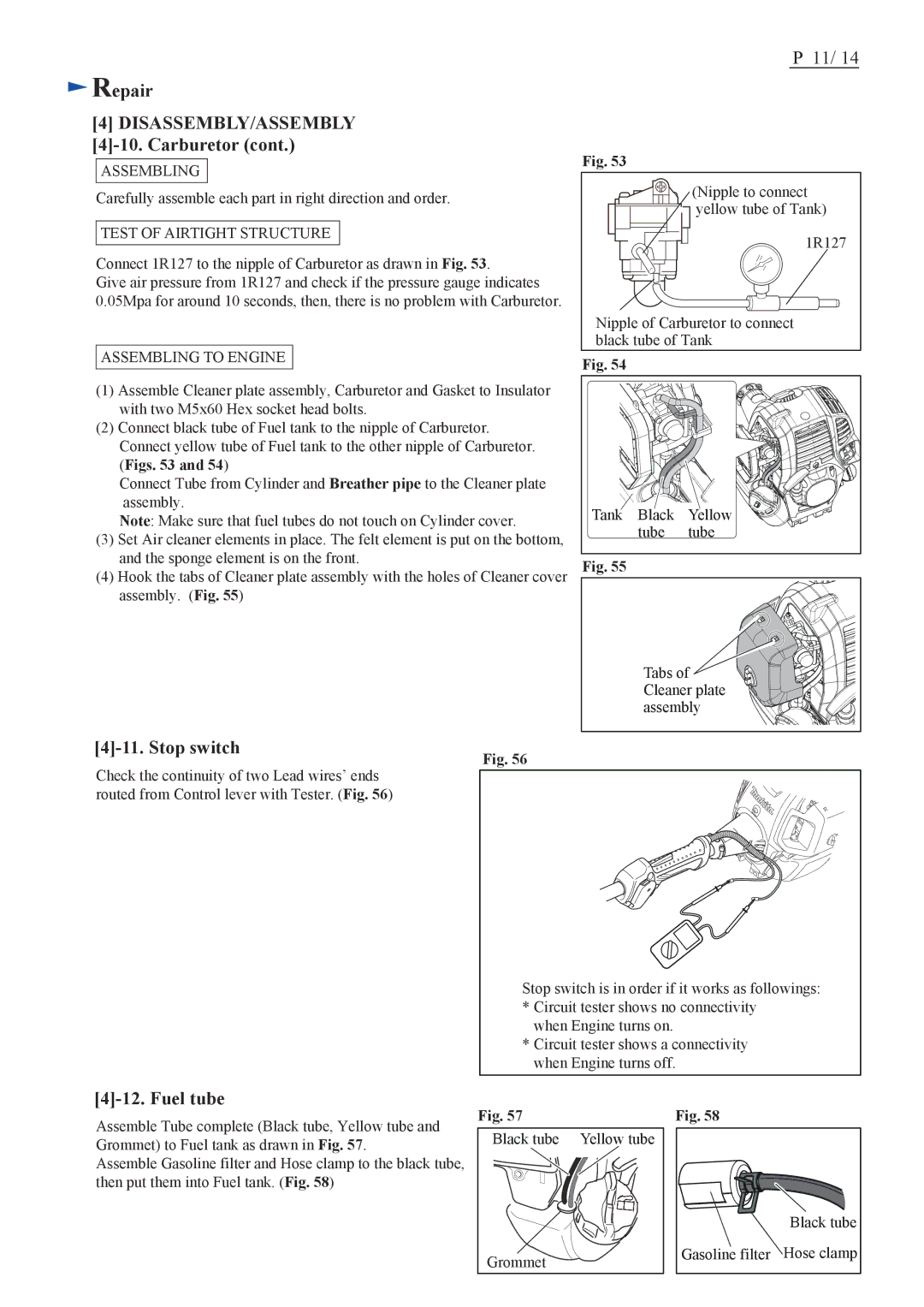 Makita EX2650LH specifications Stop switch, Fuel tube, Test of Airtight Structure, Assembling to Engine 