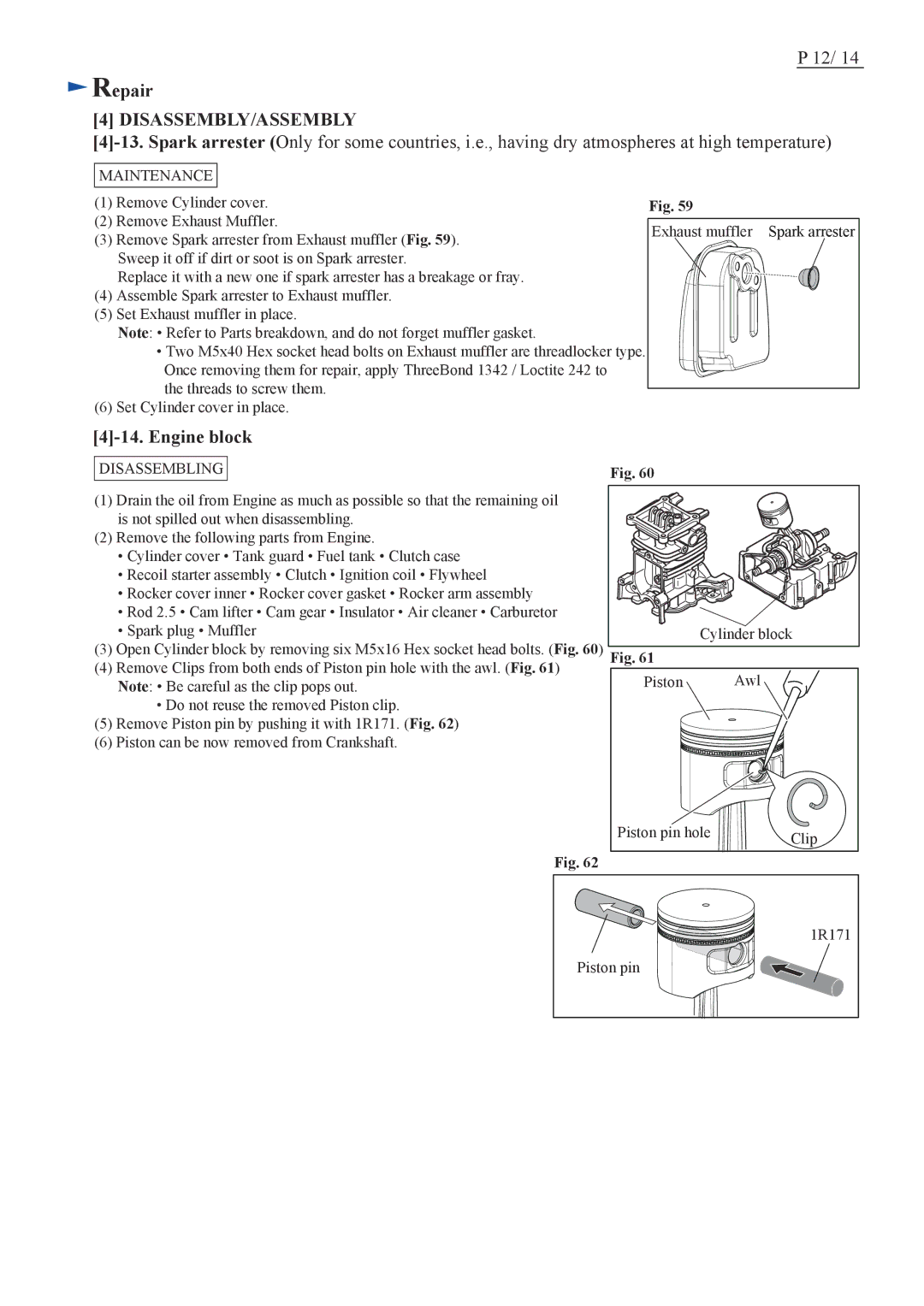 Makita EX2650LH specifications Engine block, Maintenance 