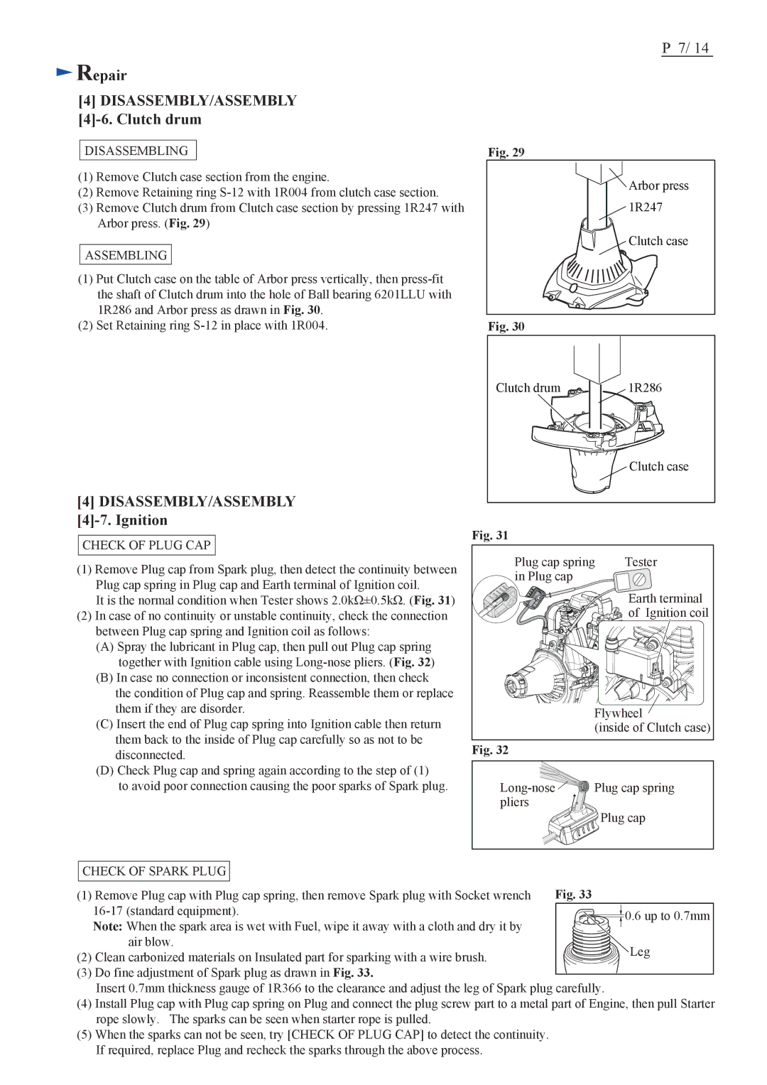 Makita EX2650LH specifications Clutch drum, Ignition, Check of Plug CAP, Check of Spark Plug 