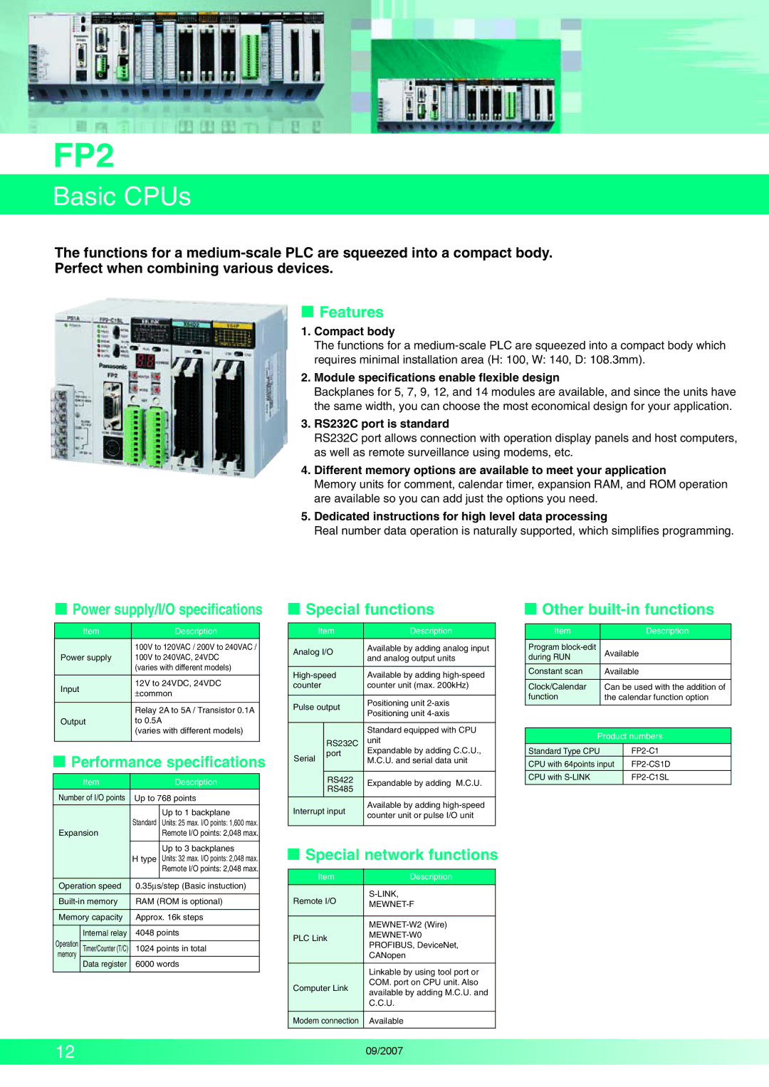 Makita FP2SH Series Basic CPUs,  Features,  Special functions  Other built-in functions,  Performance specifications 