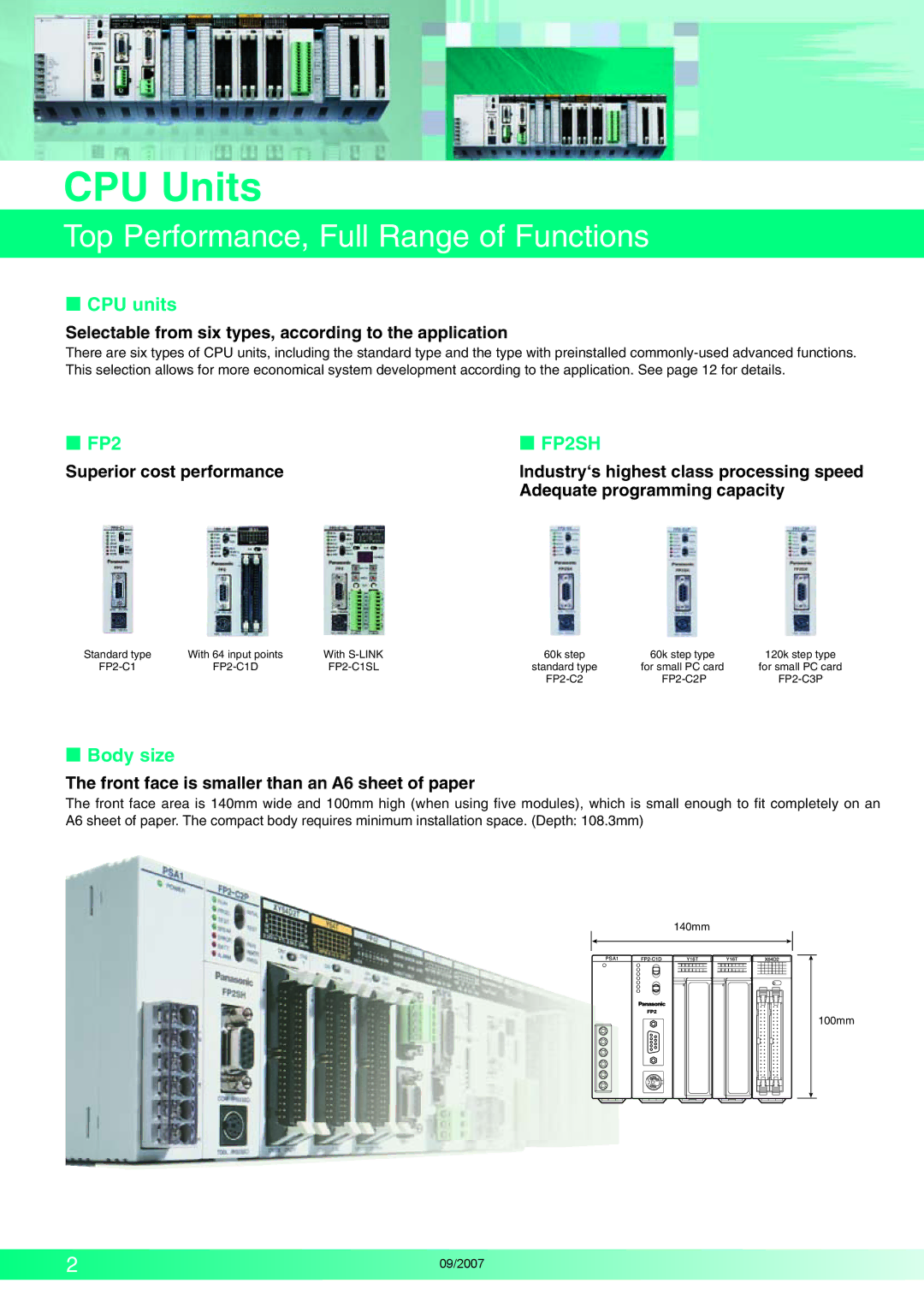 Makita FP2SH Series manual CPU Units, Top Performance, Full Range of Functions,  CPU units,  FP2  FP2SH,  Body size 