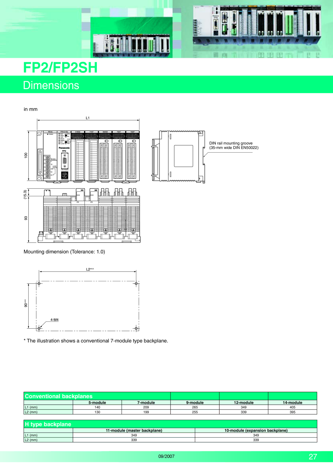 Makita FP2 Series, FP2SH Series manual Dimensions, DIN rail mounting groove Mm wide DIN EN50022, L1 mm L2 mm, 349 339 