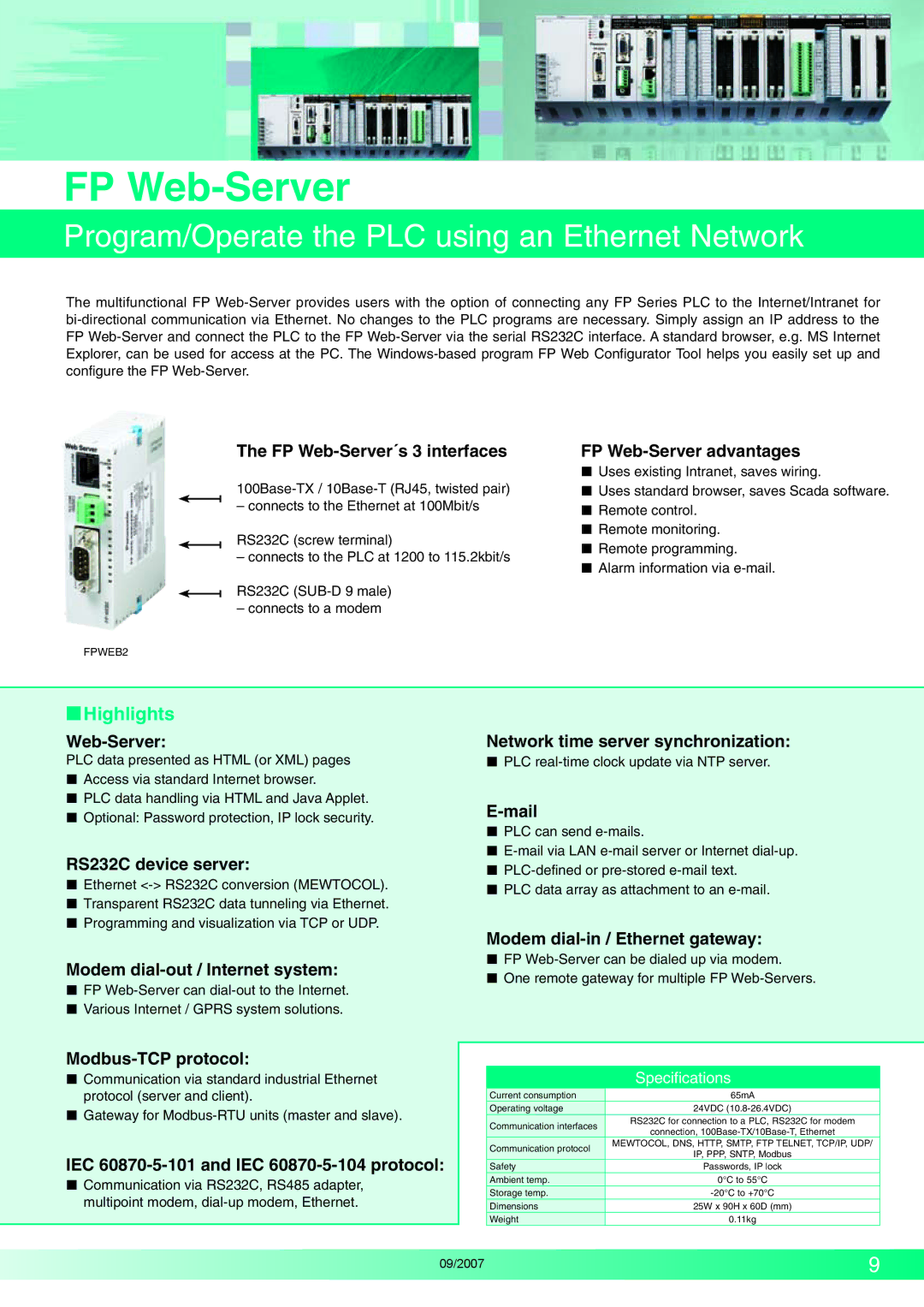 Makita FP2 Series, FP2SH Series manual FP Web-Server, Program/Operate the PLC using an Ethernet Network,  Highlights 