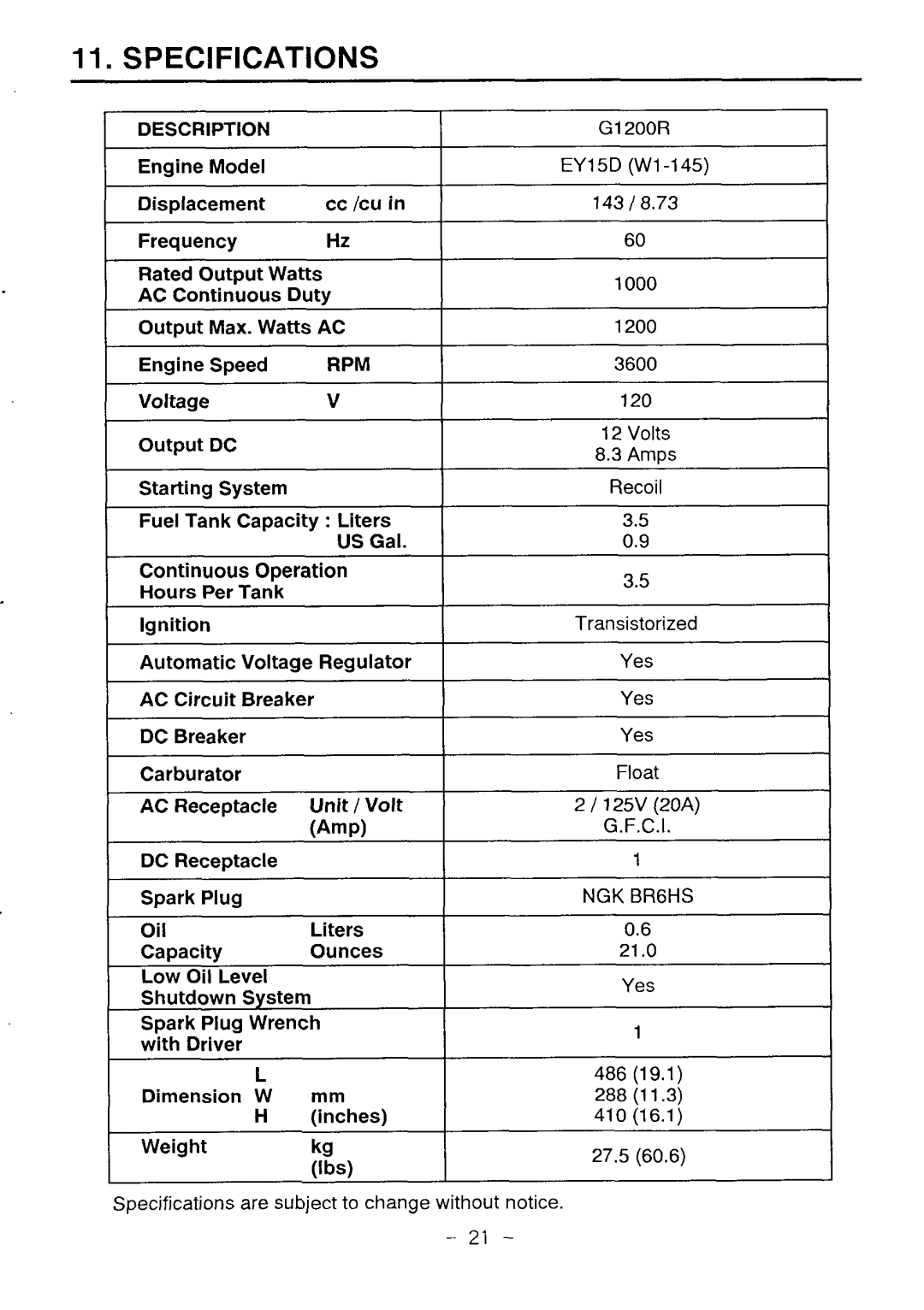 Makita G1200R instruction manual Specifications, US Gal 