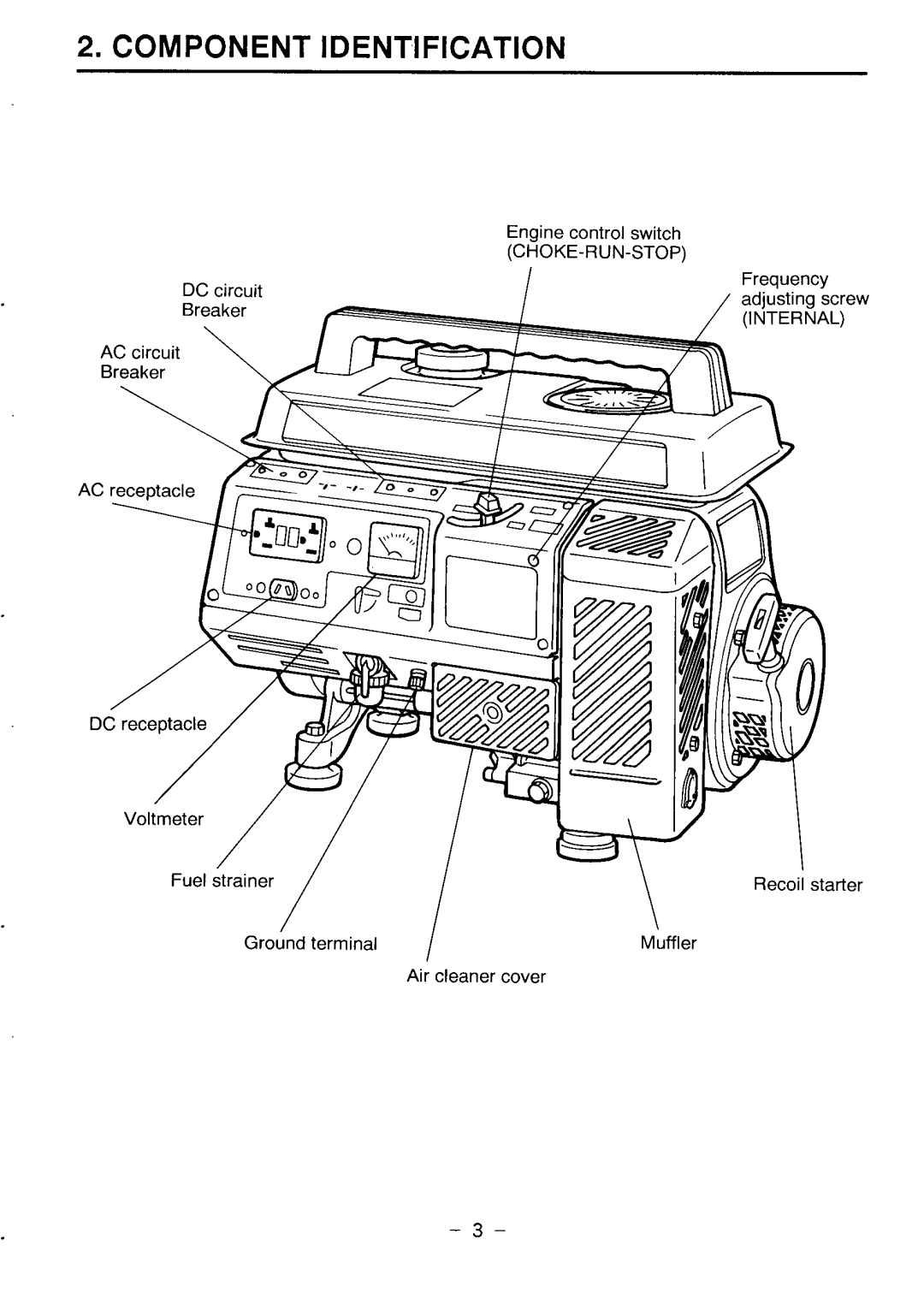 Makita G1200R instruction manual Component Identification, Engine control switch, Ground terminal, Air cleaner cover 