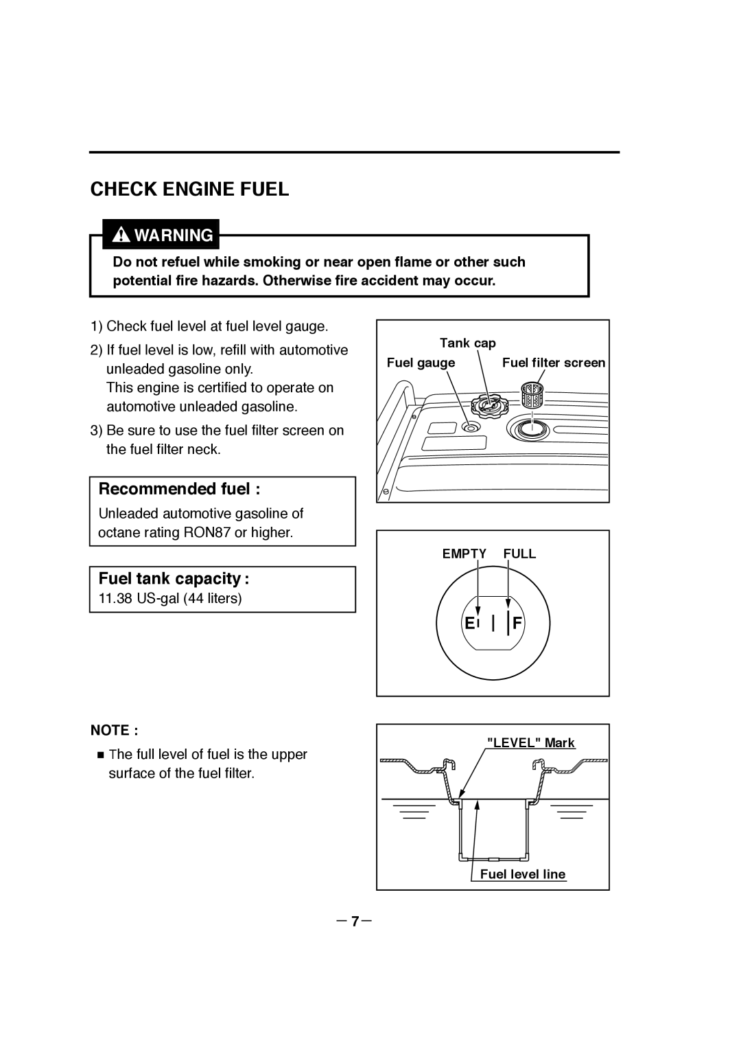 Makita G12010R manual Check Engine Fuel, Recommended fuel, Fuel tank capacity 