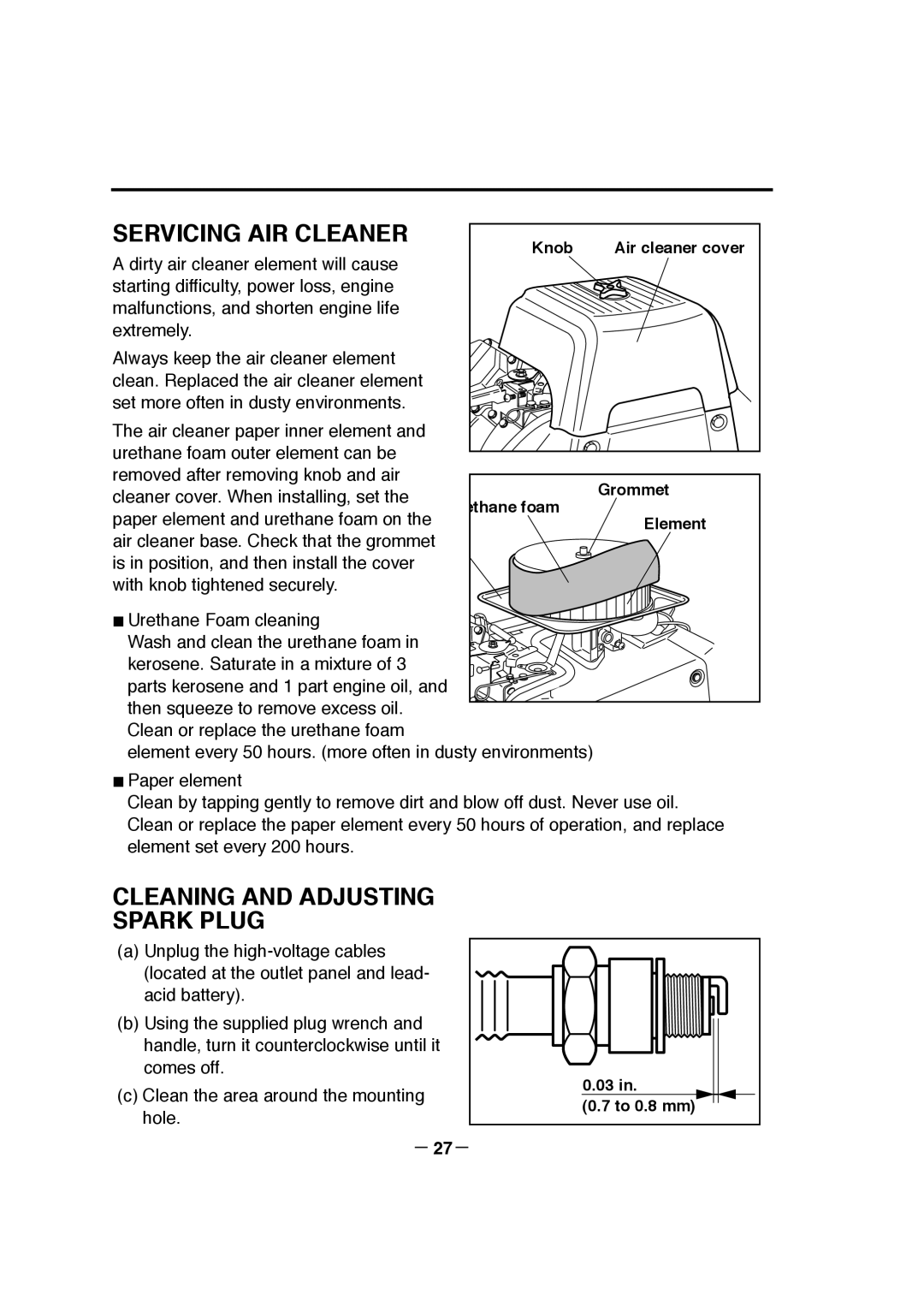 Makita G12010R manual Servicing Air Cleaner, Cleaning And Adjusting Spark Plug, － 27－ 