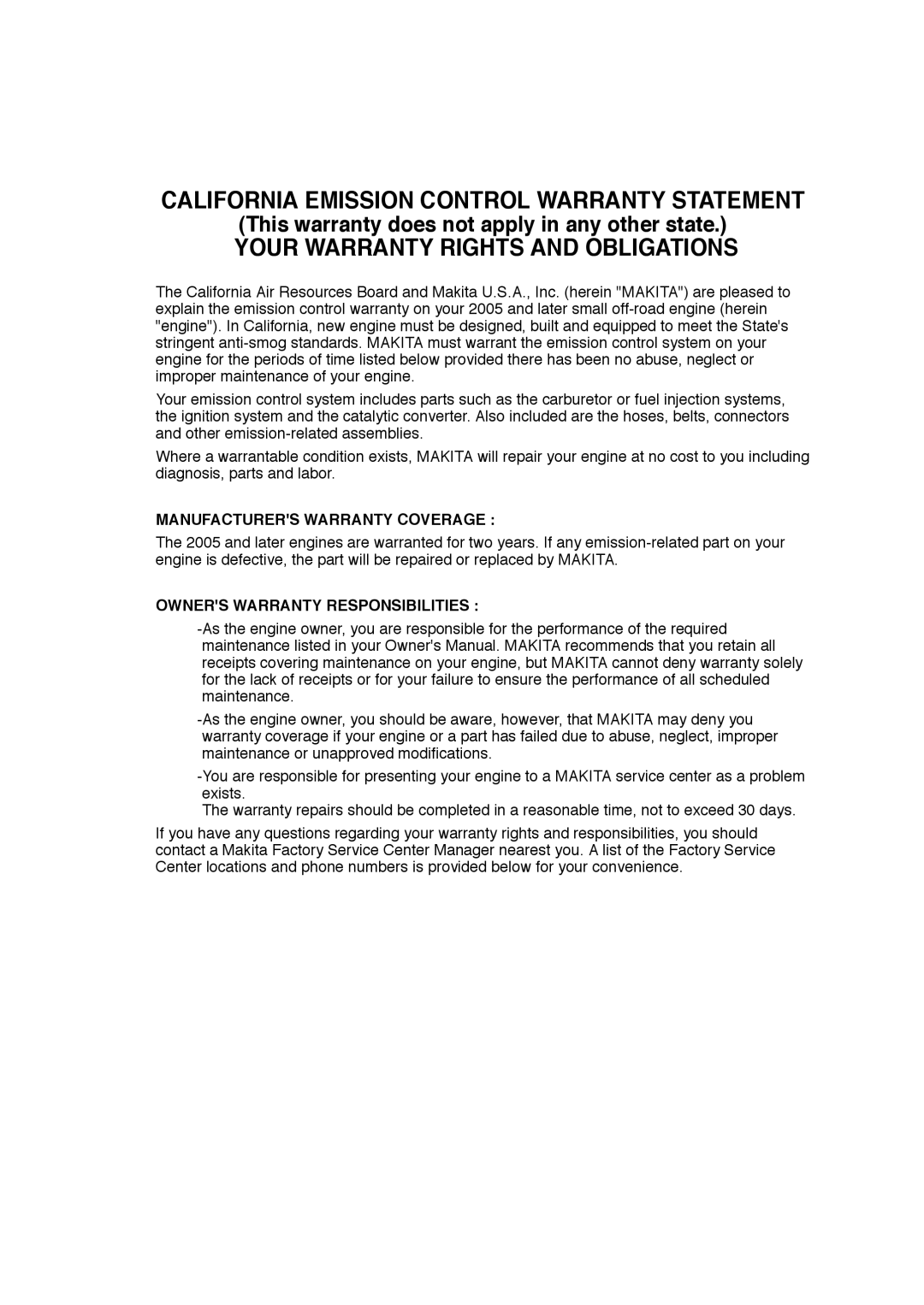Makita G12010R manual California Emission Control Warranty Statement, Your Warranty Rights And Obligations 