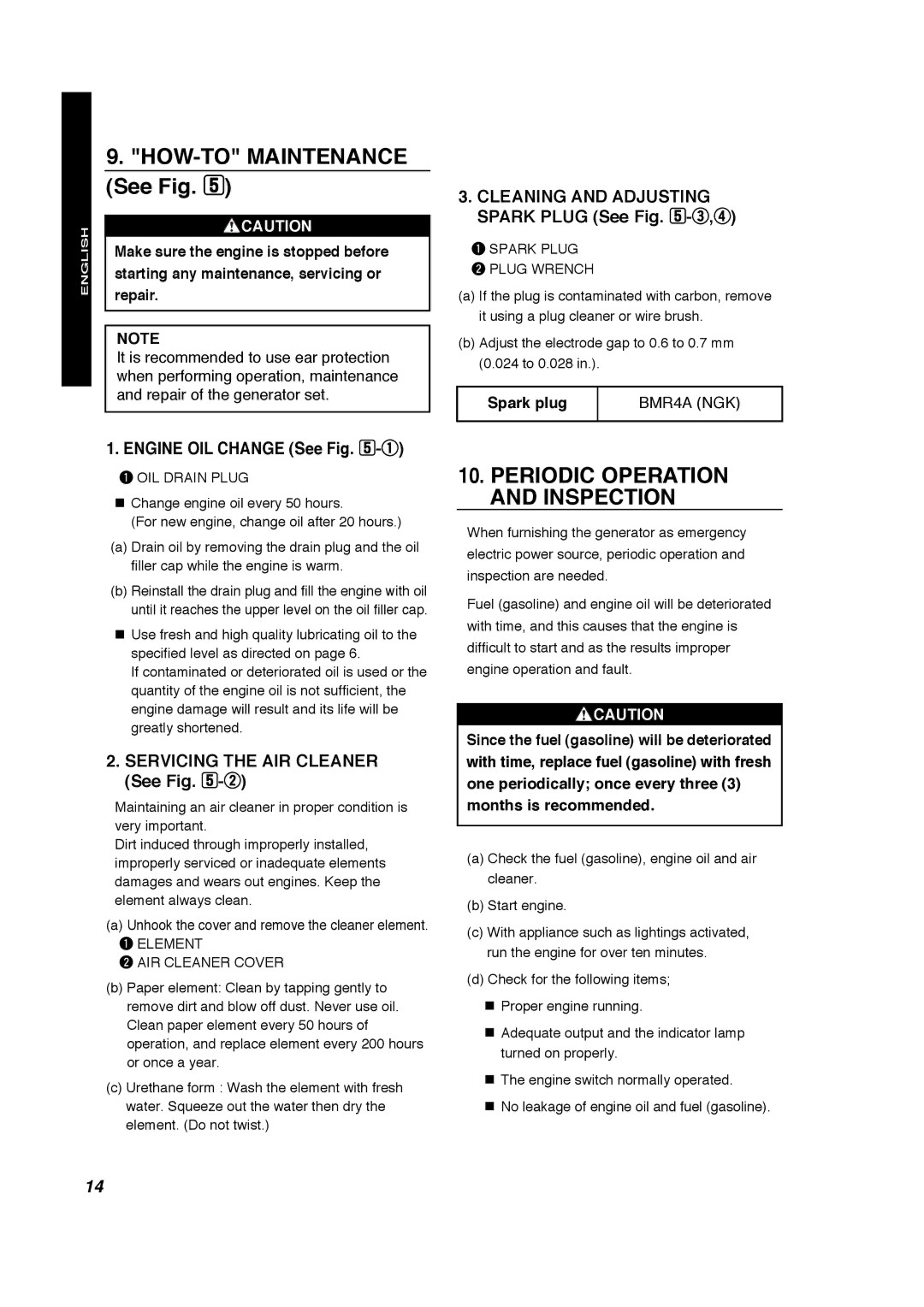 Makita G1700i HOW-TO Maintenance See Fig, Periodic Operation and Inspection, Cleaning and Adjusting Spark Plug See -e,r 