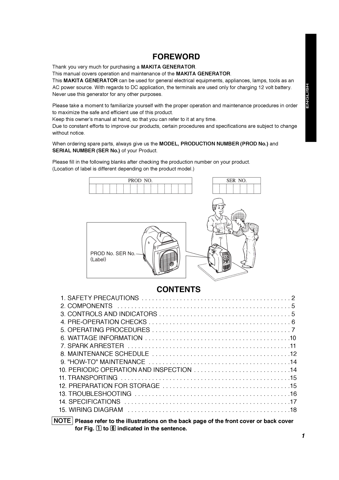 Makita G1700i manual Foreword, Contents 