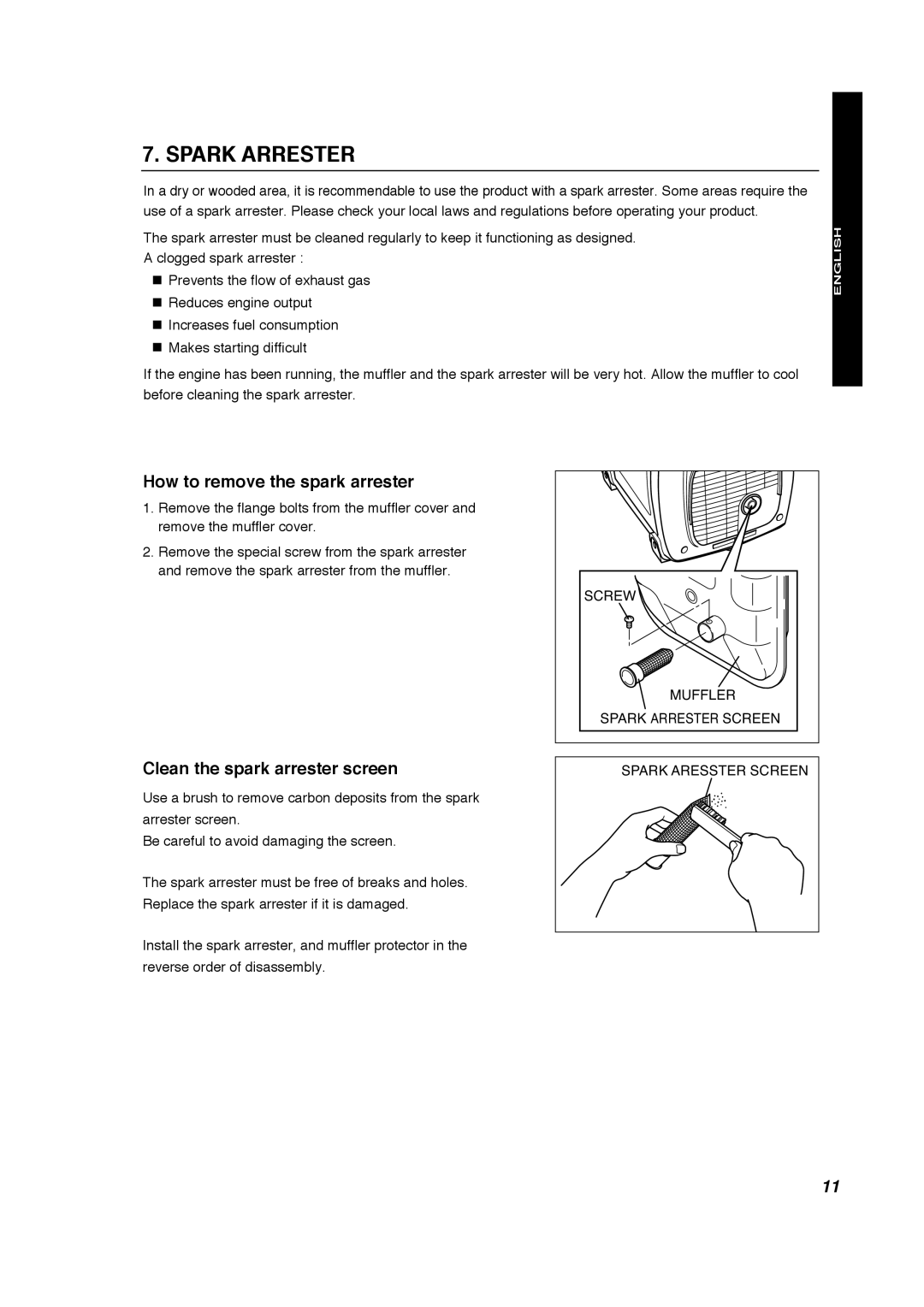 Makita G1700i manual Spark Arrester, How to remove the spark arrester, Clean the spark arrester screen, English, Française 