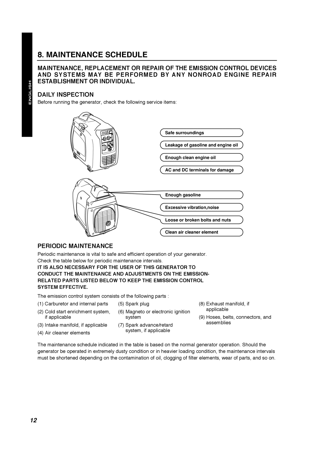 Makita G1700i manual Maintenance Schedule, Daily Inspection, Periodic Maintenance, English, Française 