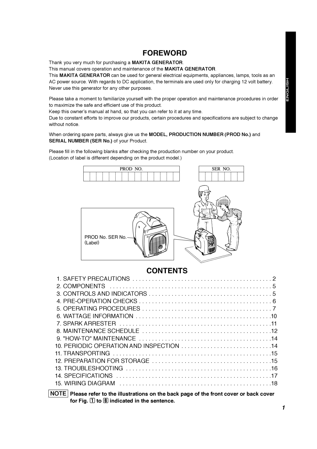 Makita G1700i manual Foreword, Contents 