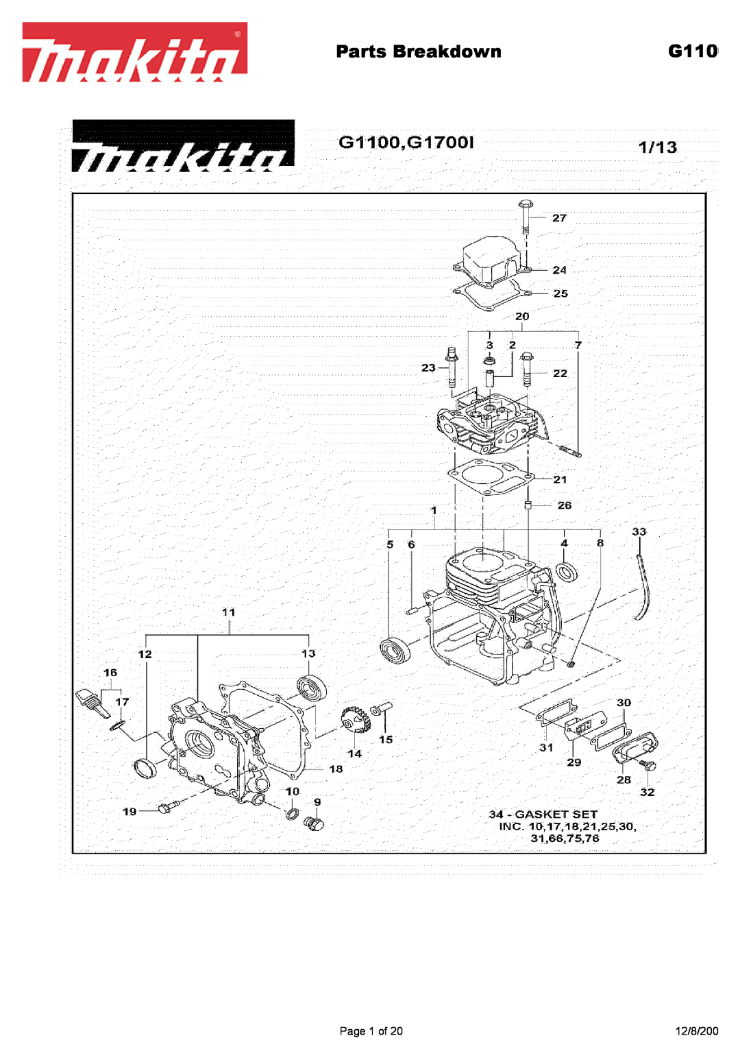 Makita G1700i manual Model, 3ZZ9990147, Generator 
