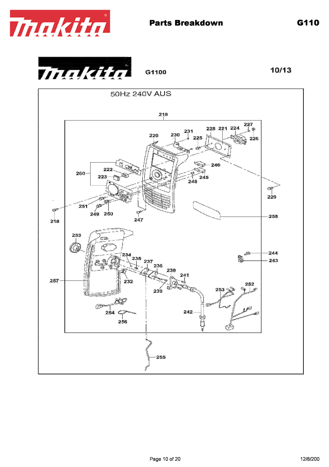 Makita G1700i manual Parts Breakdown, G110, Page 10 of, 12/8/200 