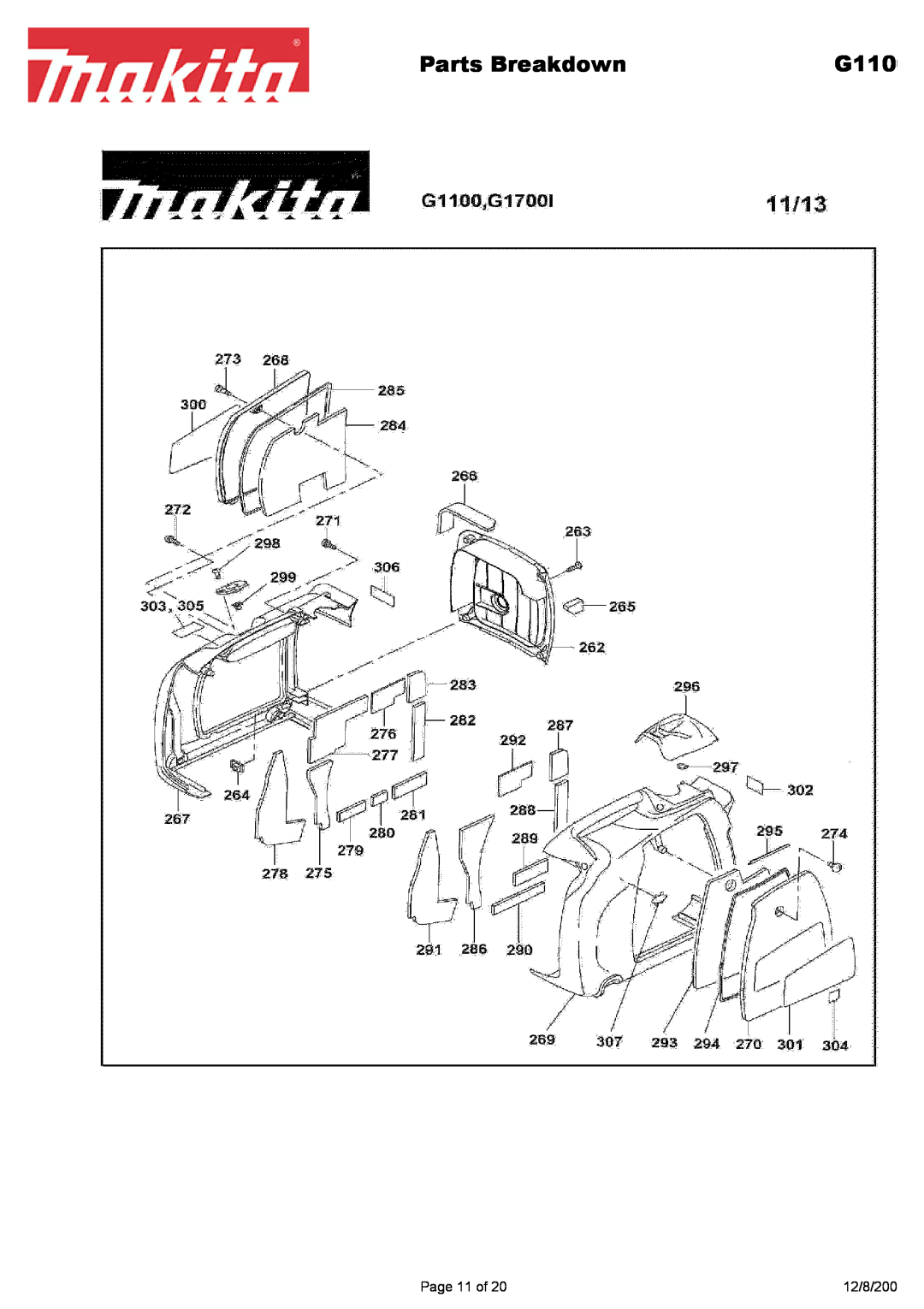 Makita G1700i manual Parts Breakdown, G110, Page 11 of, 12/8/200 