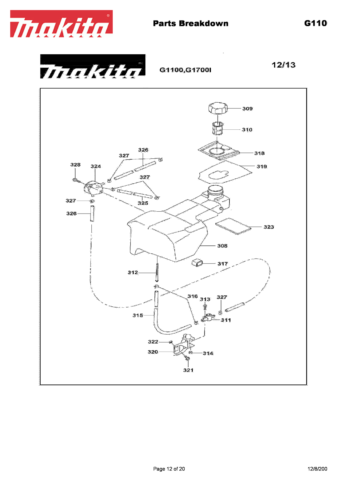 Makita G1700i manual Parts Breakdown, G110, Page 12 of, 12/8/200 