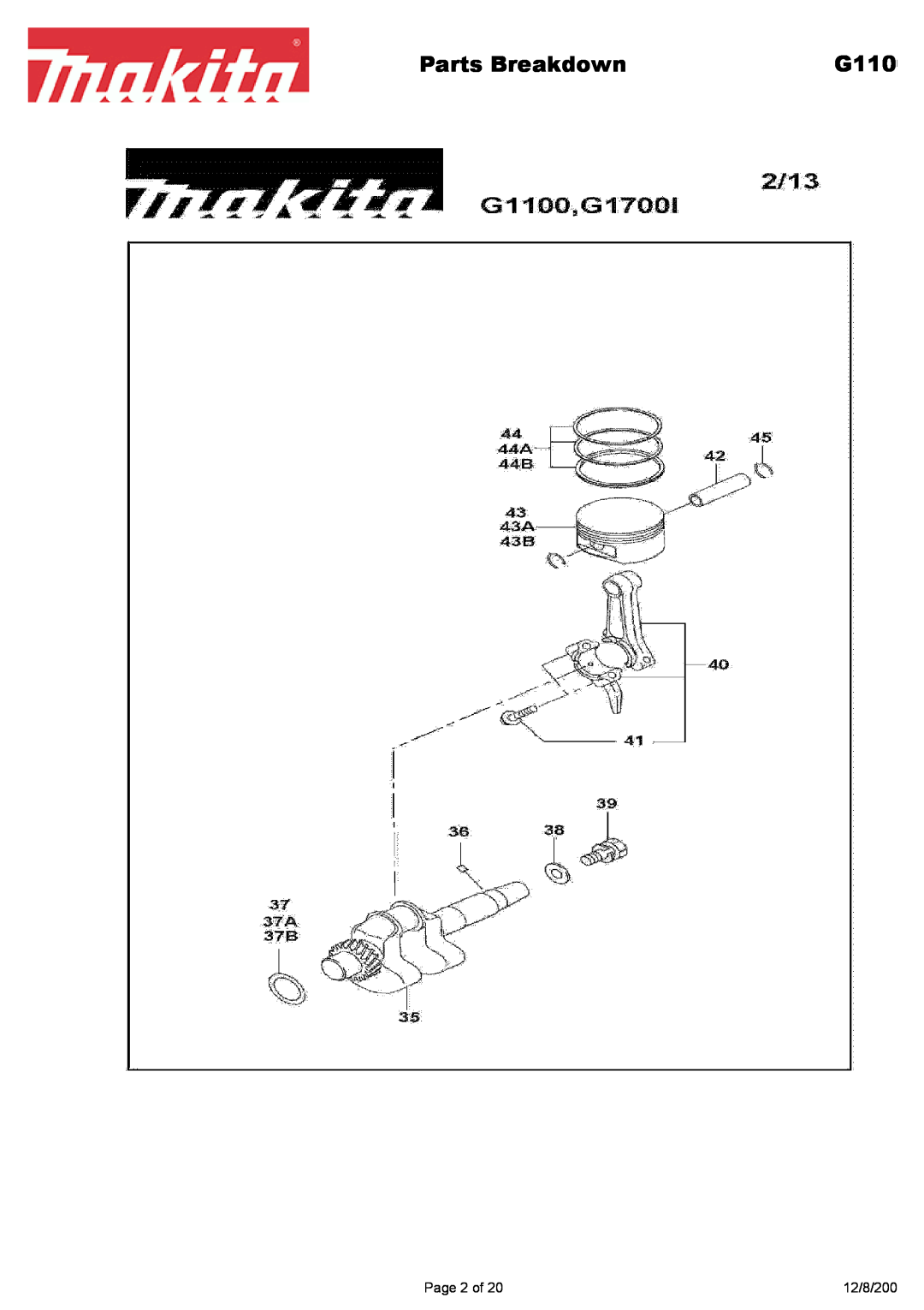 Makita G1700i manual Parts Breakdown, G110, Page 2 of, 12/8/200 